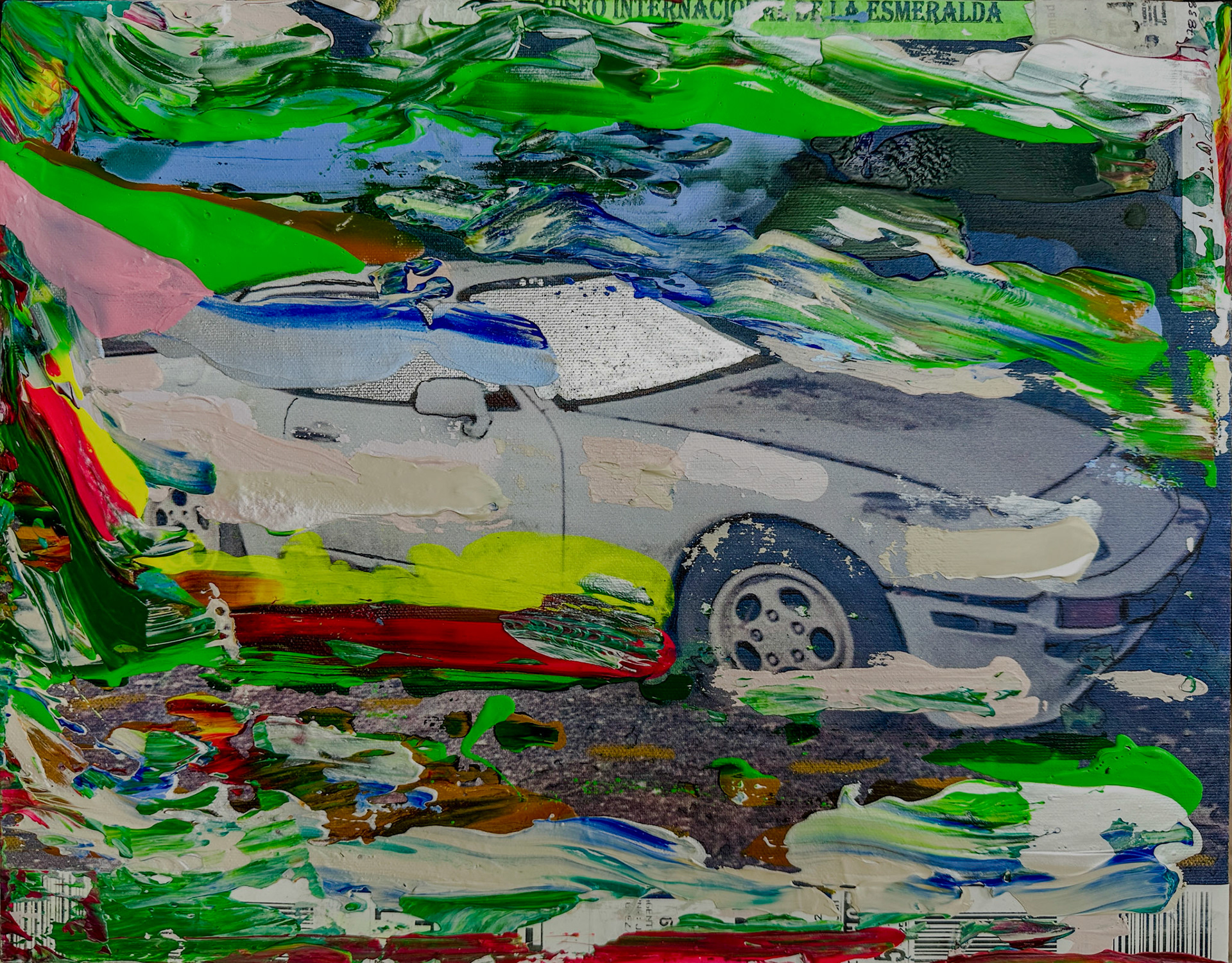 “Las Esmeraldas”, 2025, found image printed on canvas with mixed media, 16 x 10 in