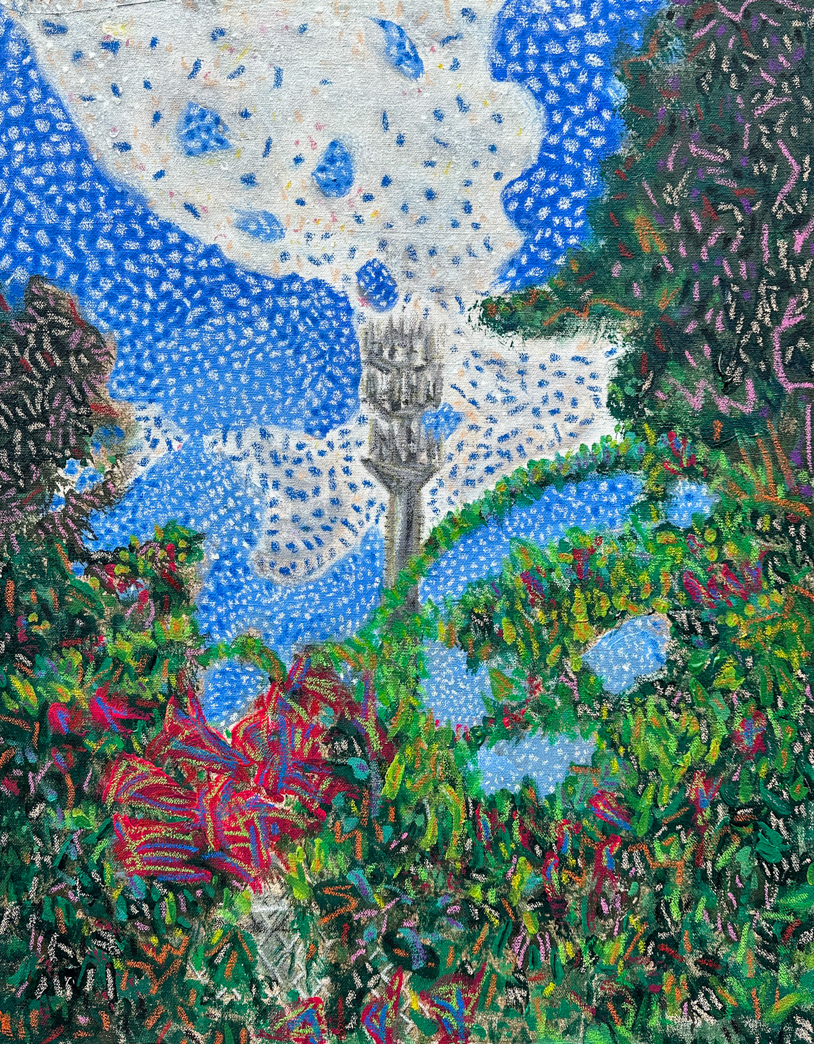 “Little Haiti Cell Tower”, 2025, acrylic paint  and oil and chalk pastels on canvas on a  wooden stretcher, 27 7/8 x 21 5/16 in