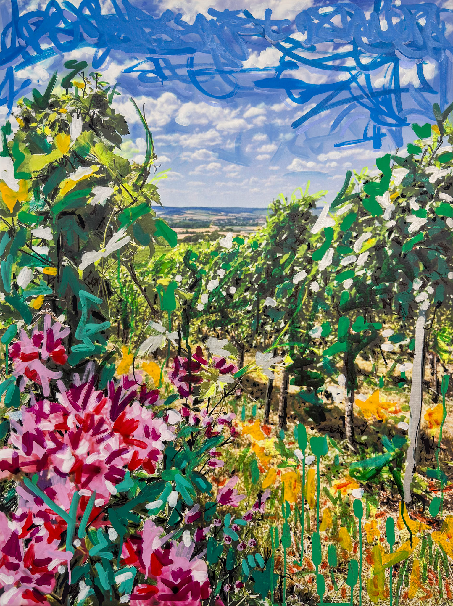 “German Vineyard”, 2026, printed photograph on canvas embellished graffiti markers and acrylic paint, 30 x 40 x 0.75 in