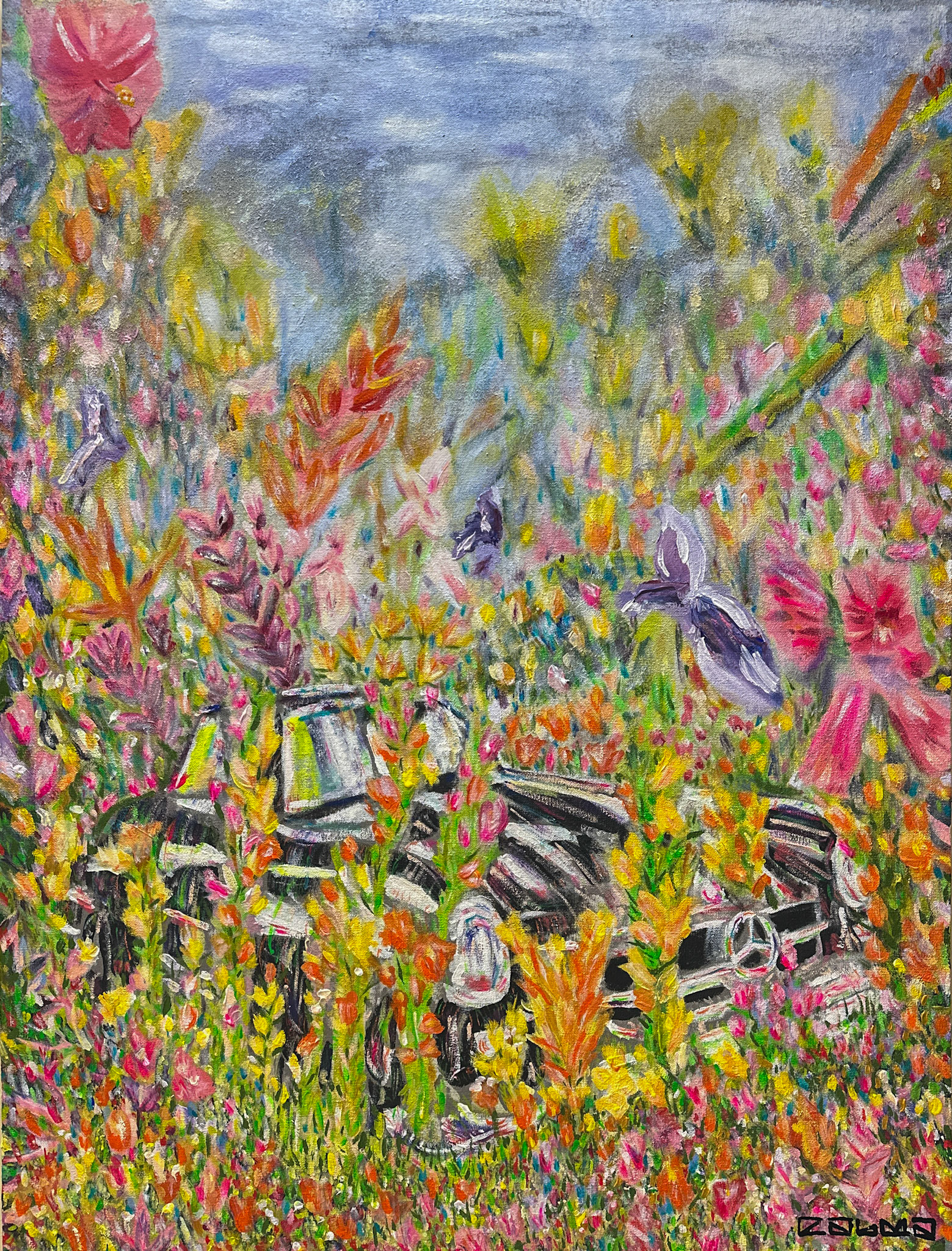 “Mob Vehicle Dumped in a Field”, 2025, acrylic and oil paint on canvas, 36 x 48 in