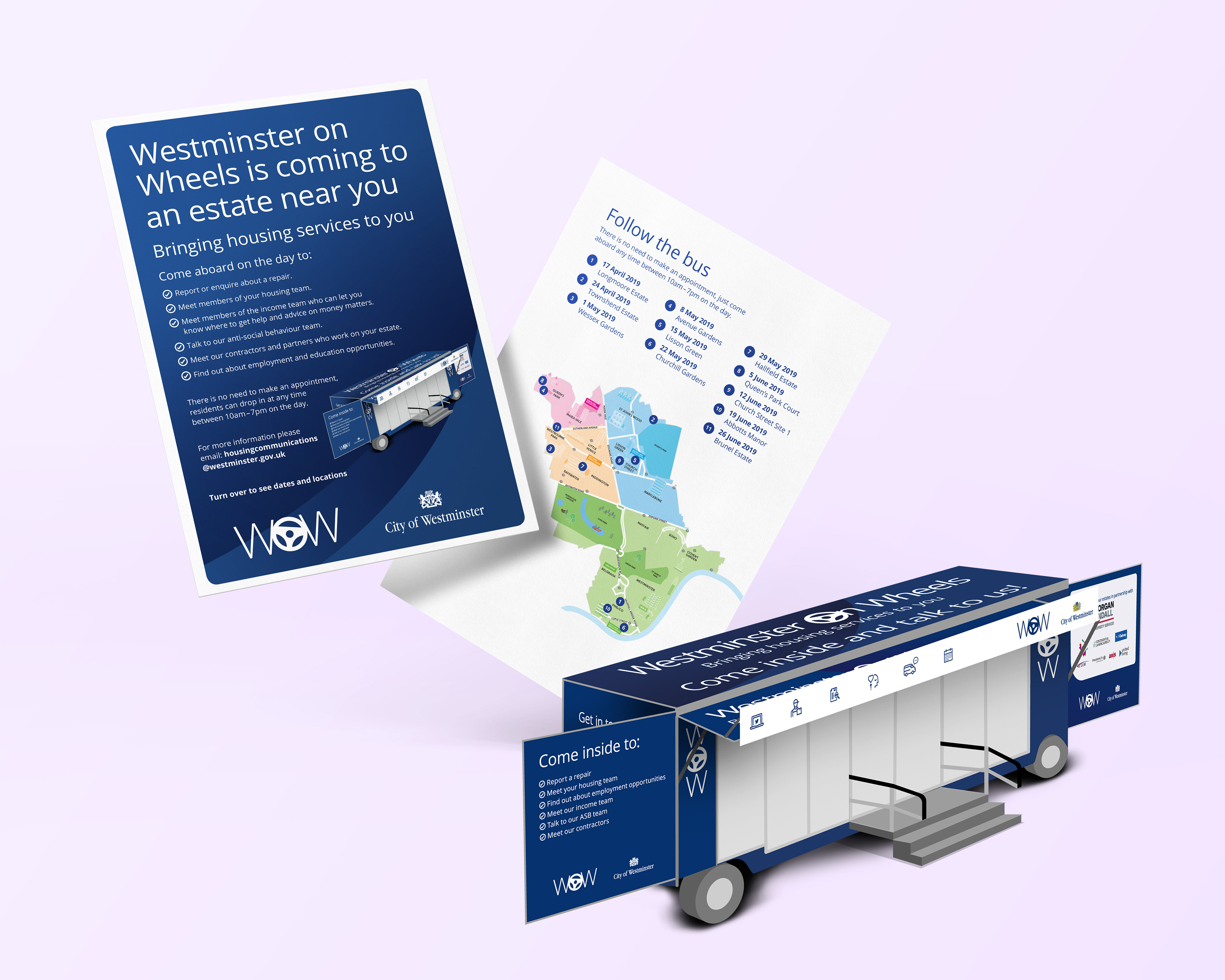 Leaflet design and illustration of Westminster On Wheels mobile bus which provides residents with housing services