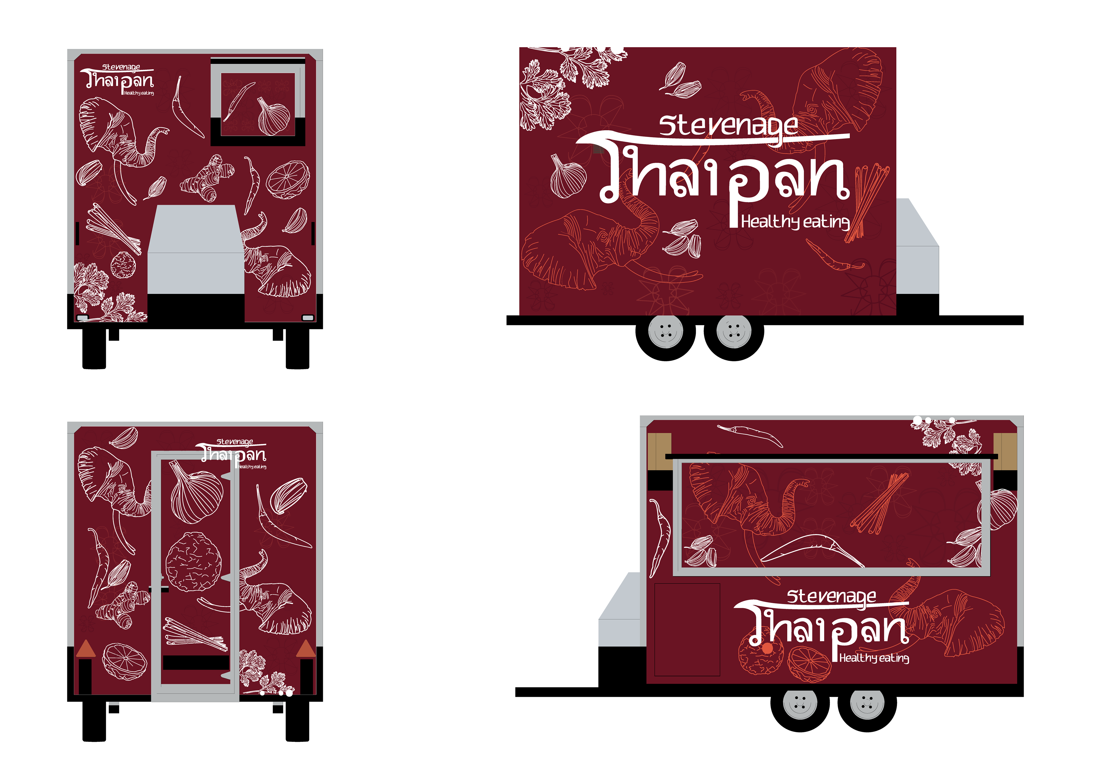 Burgandy and white colour scheme with illustrations.