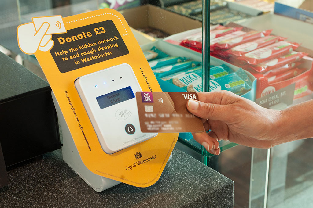 Contactless Tap Machine across Westminster, to give directly to registered charities and local services,
