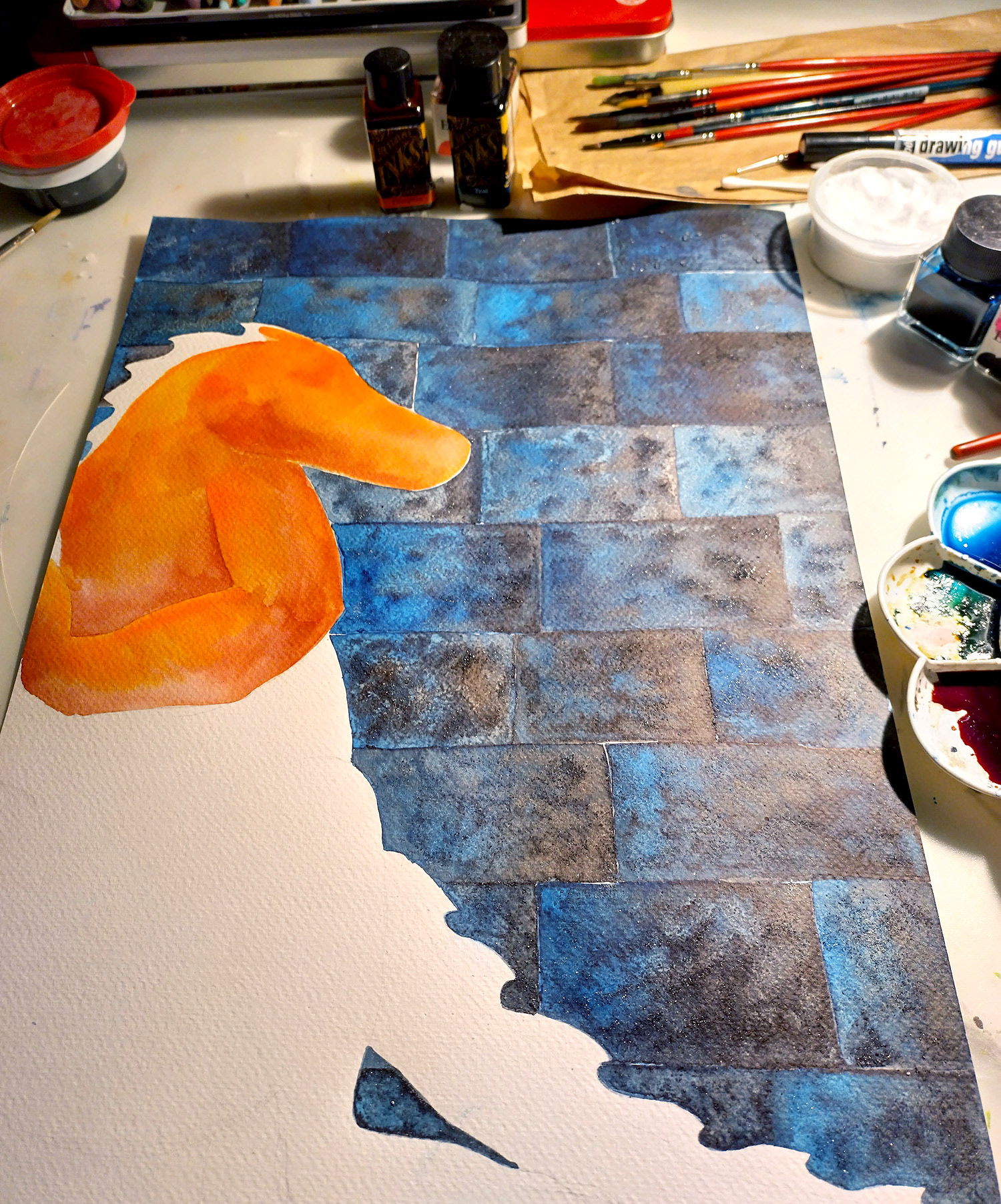 To give a bit of texture to the bricks I used baking soda