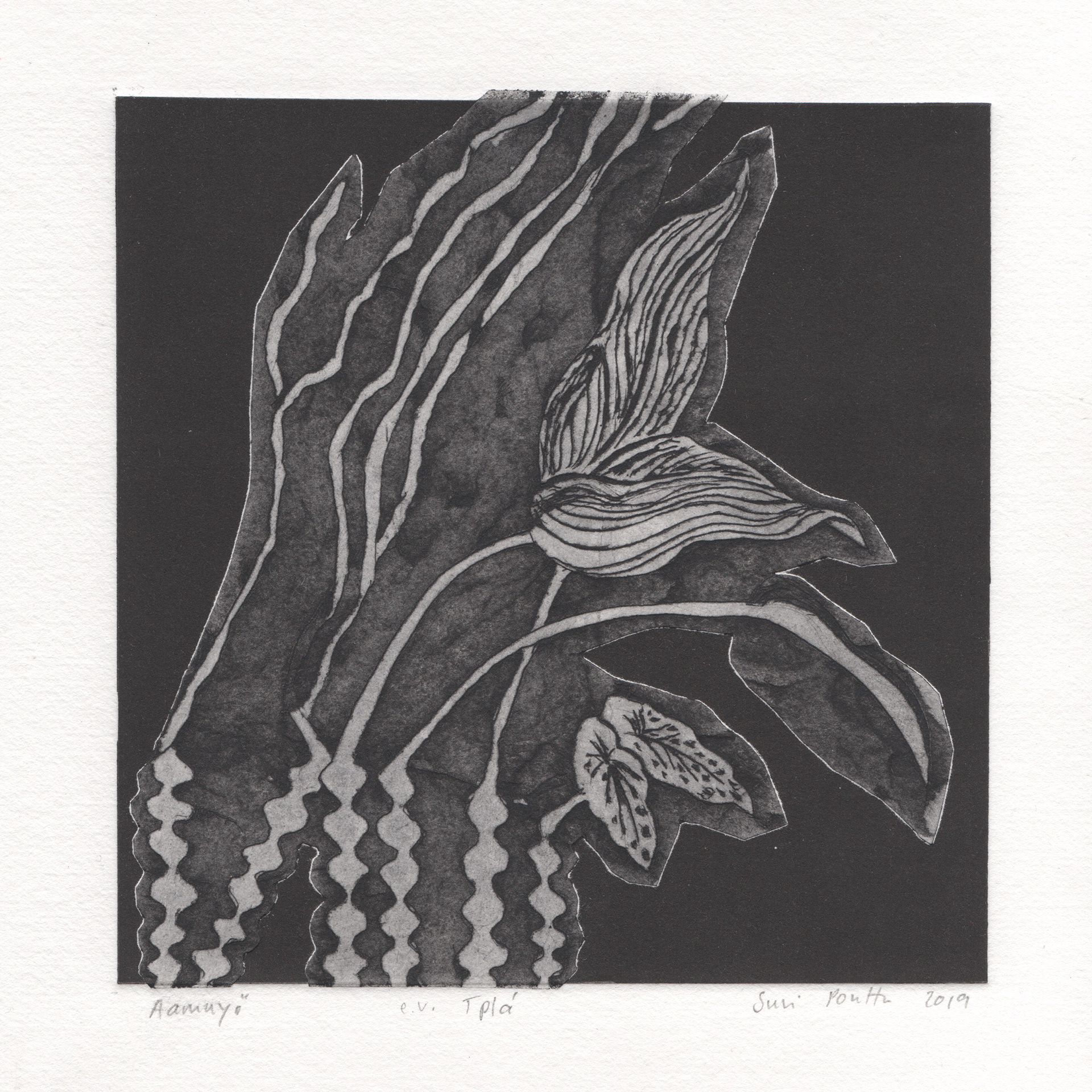 Aamuyö - Cardboard engraving, monotype print, 15 x 16 cm SOLD