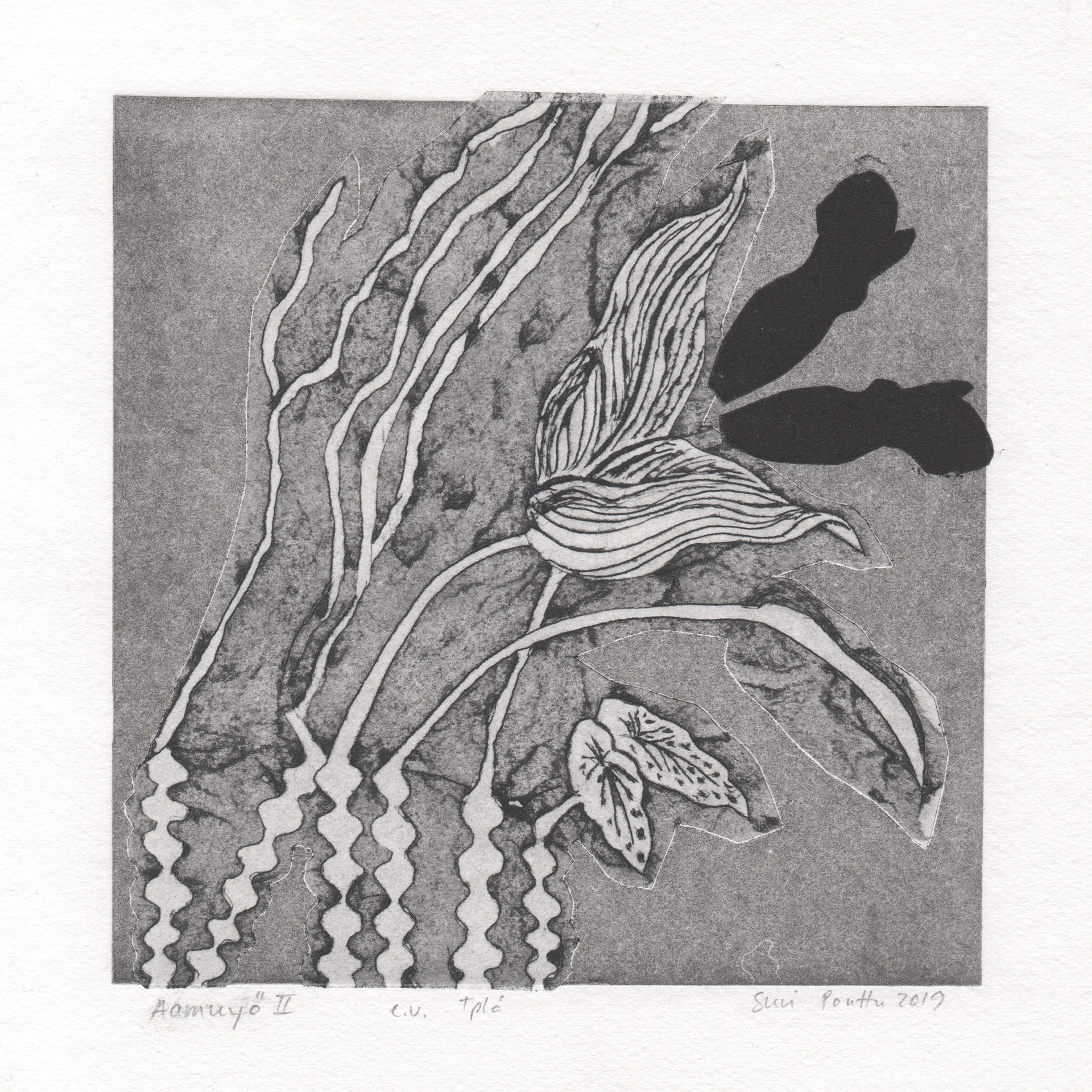 Aamuyö II - Cardboard engraving, monotype print, 15 x 16 cm