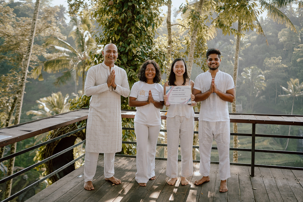 Jem Mantiri, a Netherlands-based yoga teacher who offers retreats, with her 3 yoga teachers from her 200-hour yoga teacher training.