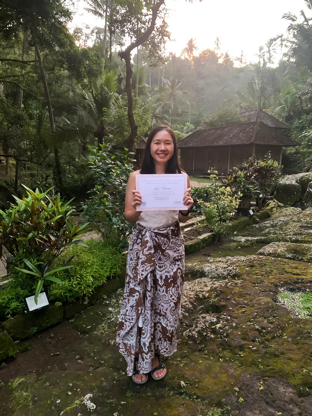 Jem Mantiri, a yoga teacher based in the Netherlands who teaches in English, with her 300-hour yoga teacher training certificate.
