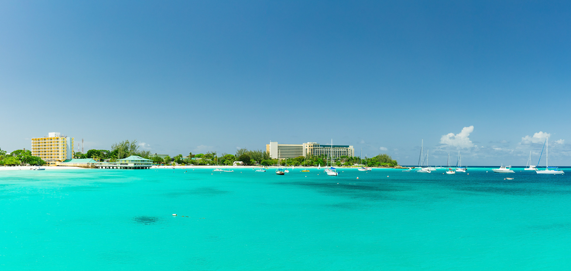 Panorama of the tropical Brownes Beach in Georgetown, Barbados, the Carribean