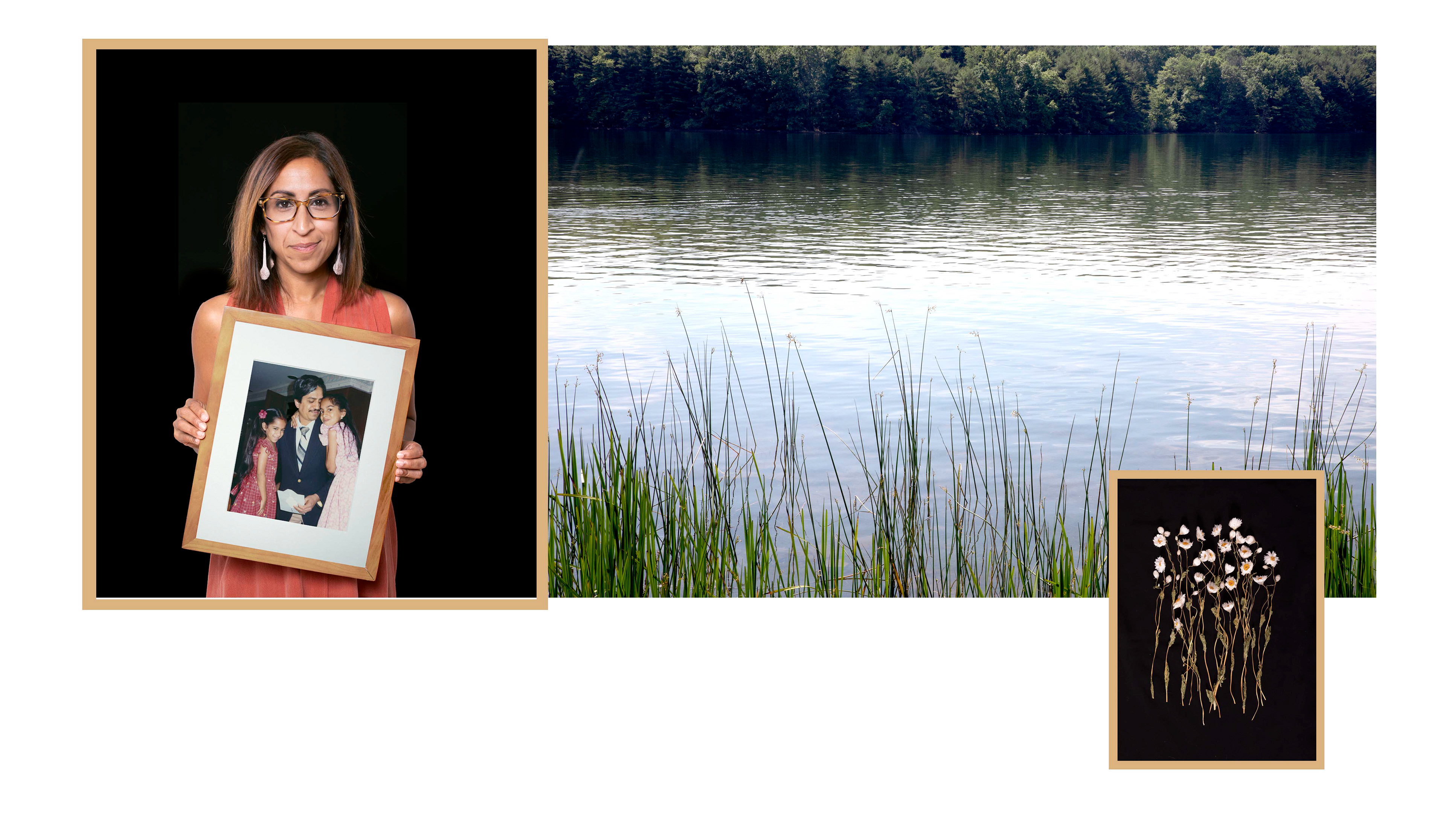 Michelle D’Cruz with her Father and Sister archival pigment print, photographic wallpaper, daisies 30" x 65" 2024