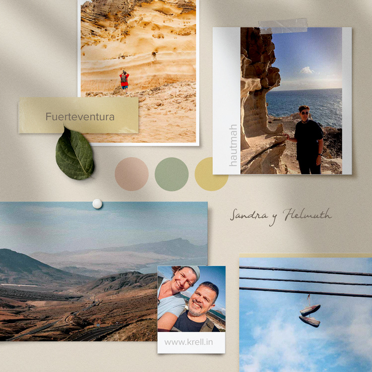 Collage featuring images of Helmuth and Sandra, passionate photographers on Fuerteventura, an impressive landscape of the island, and a creative detail of sneakers hanging from a cable in the air – a tribute to adventure and the beauty of nature.