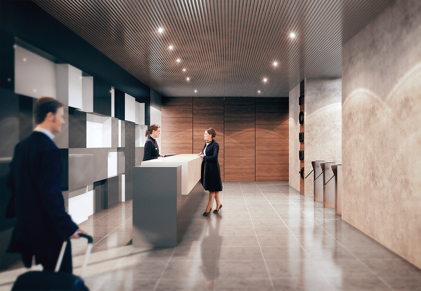 El lobby está pensado como un espacio en concreto a la vista con un counter moderno diseñado en distintas tonalidades de madera tipo fórmica. Su complemento lo da el muro de fondo pensado como una composición de adiciones y sustracciones de volúmenes que funcionan como un gran mueble para la recepción. El piso en granito junto con los muros en concreto a la vista y el cielo raso modular tipo Baffle, crean la noción de un espacio sobrio y tranquilo, apto para un lobby de oficinas. The granite floor, together with the exposed concrete walls and the Baffle modular ceiling, create the notion of a sober and quiet space, suitable for an office lobby.