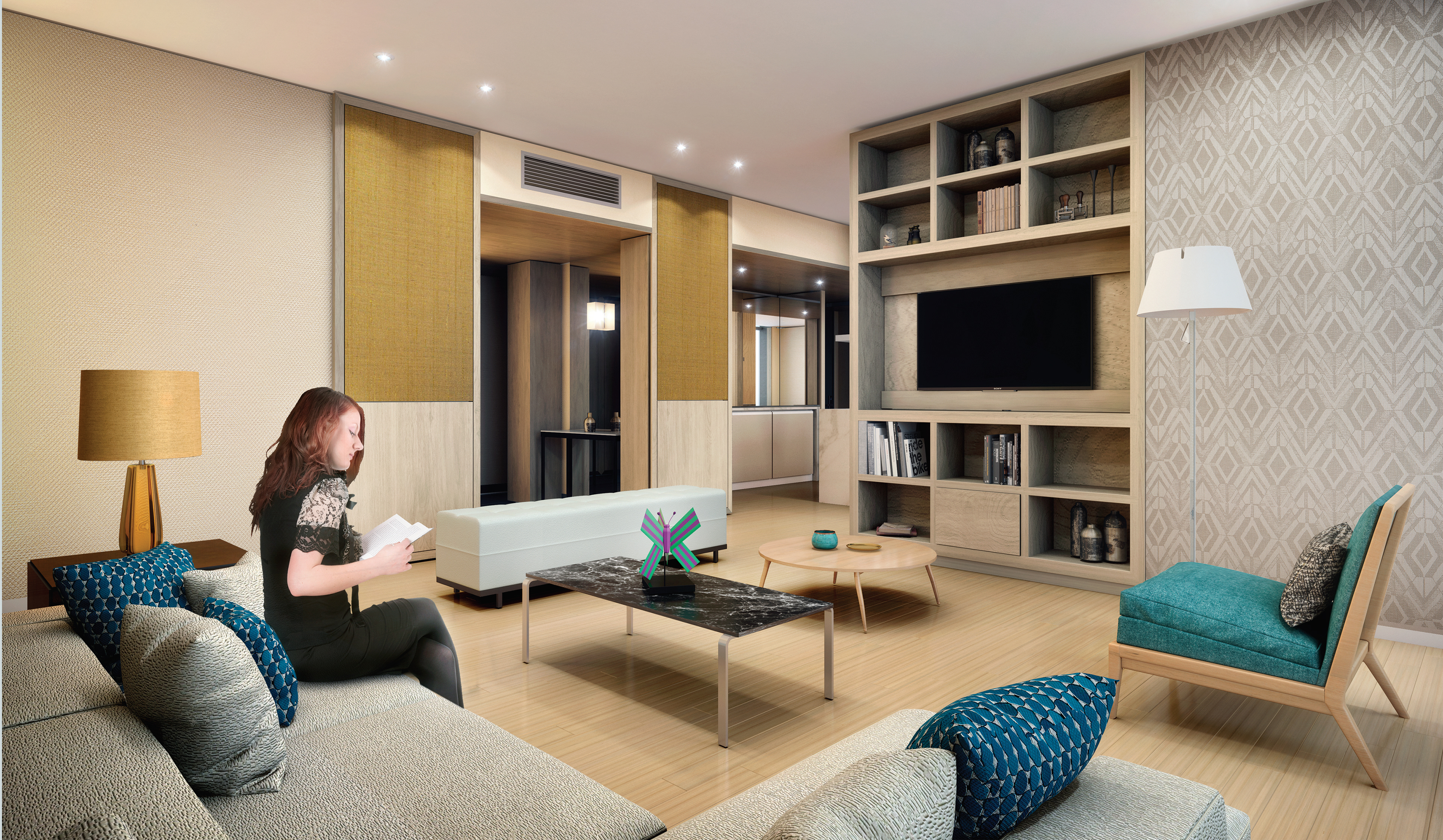 El gris agrega un toque acogedor al diseño de la sala de estar con una se- cción de Living Divani, una mesa auxiliar de Usona home y apliques de estilo italiano. La mesa central y la poltrona son fabricaciones cien por ciento nacionales, los libros y la decoracios es de Future Perfect y Object curiosite y por ultimo las paredes están forradas en papel Sagara por Vescom.