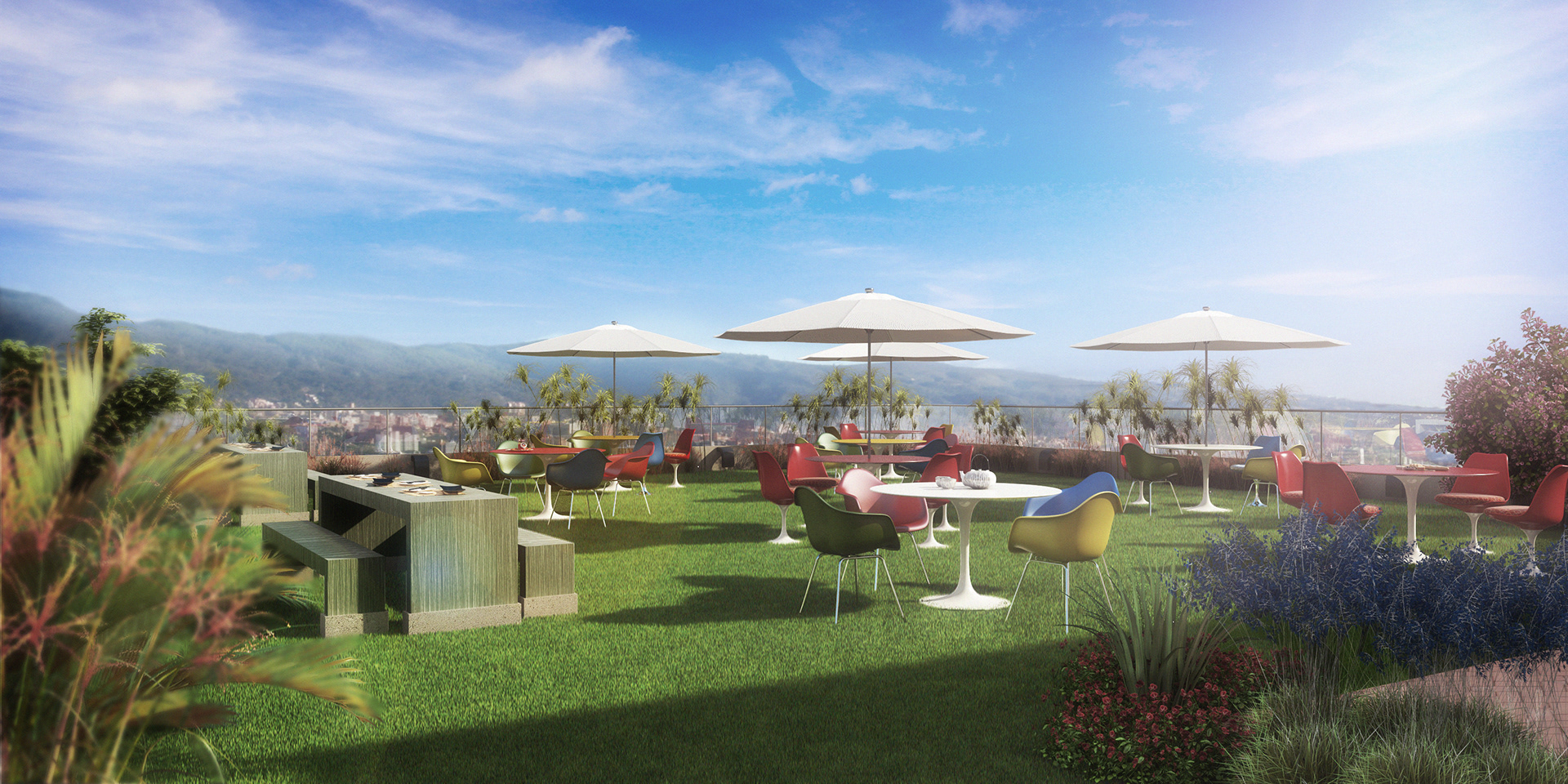 El nivel de cubierta o “cubierta verde” tiene un espacio de reunión (skylounge) al aire libre rodeado de jardines frondosos para el deleite de los empleados del edificio en sus ratos libres. De igual manera goza de una vista importante sobre el suroccidente de la ciudad. Se convierte en un lugar de encuentro y relajación.