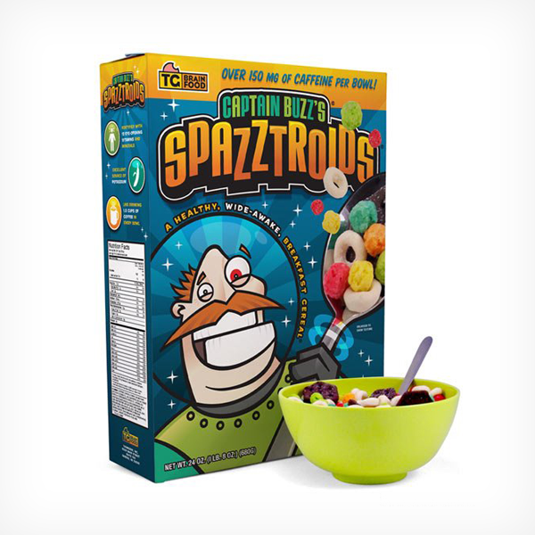 Client: ThinkGeek | Project: Captain Buzz's Spazztroids Cereal Packaging (April Fools Day Joke Product)