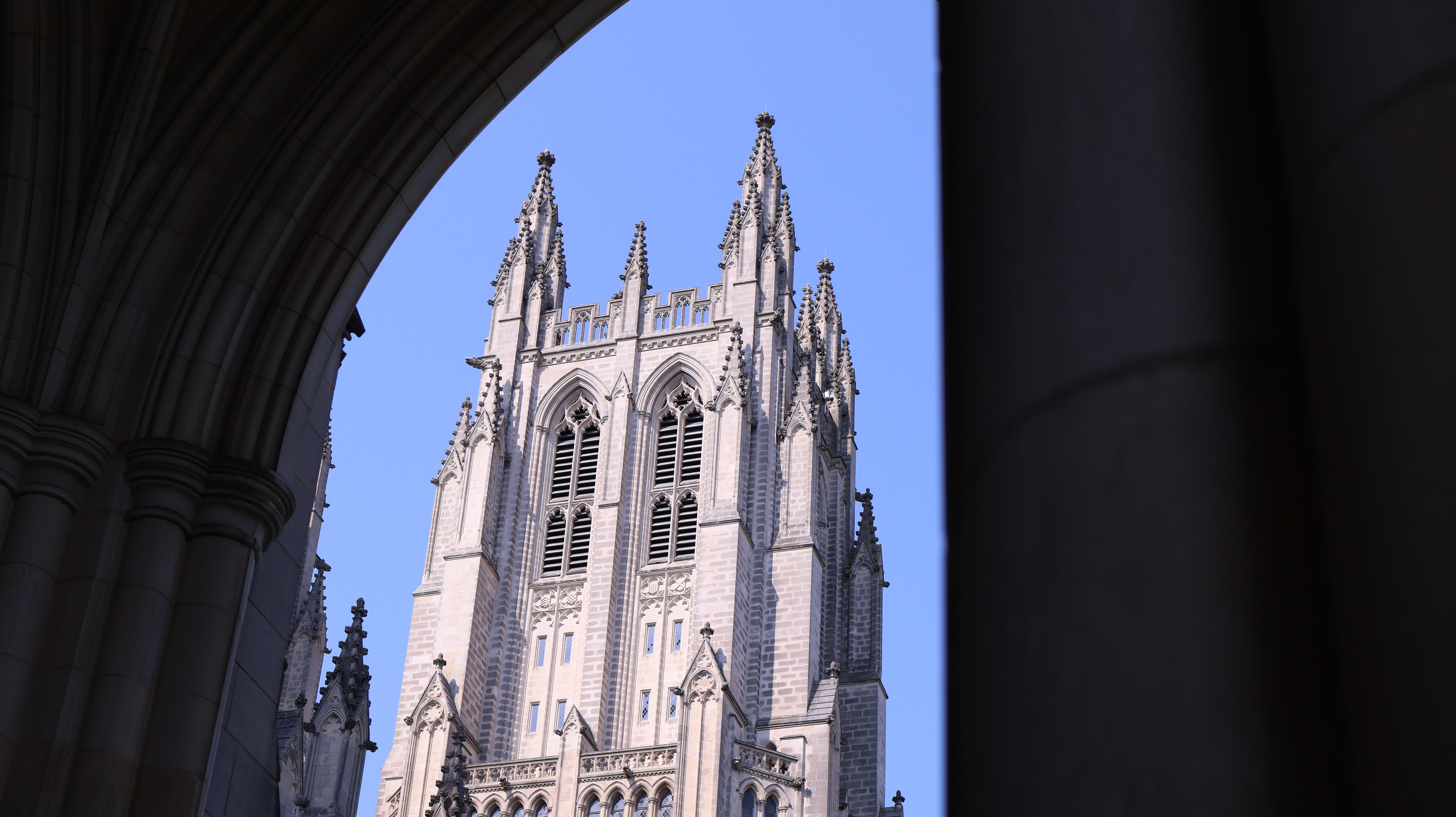 National Cathedral's tower framed by an archway