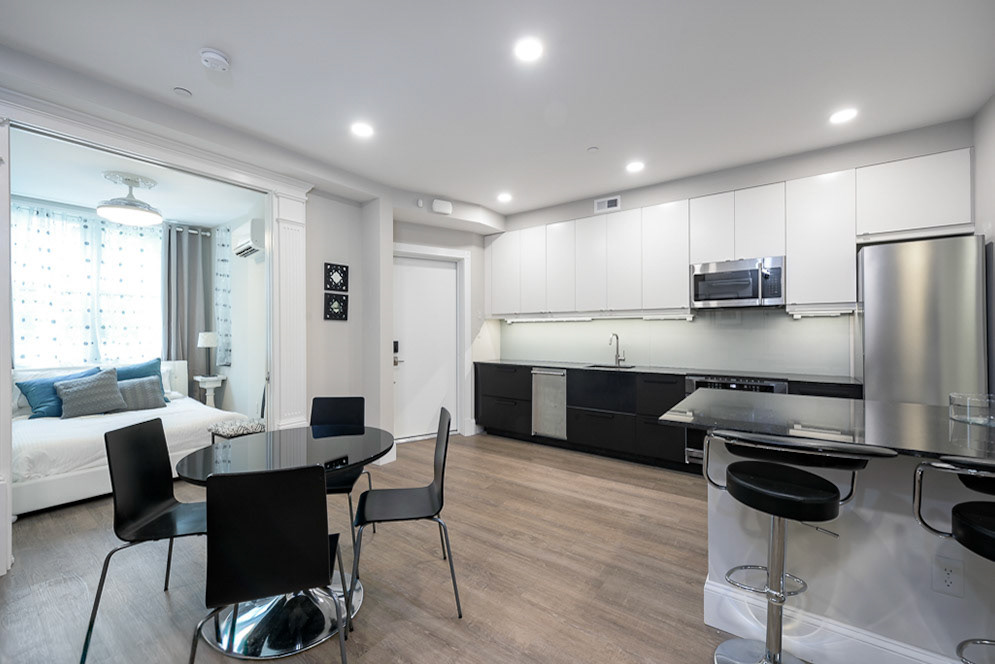 The new space efficient design includes all of the amenities of a 1 bedroom apartment in minimal square footage.