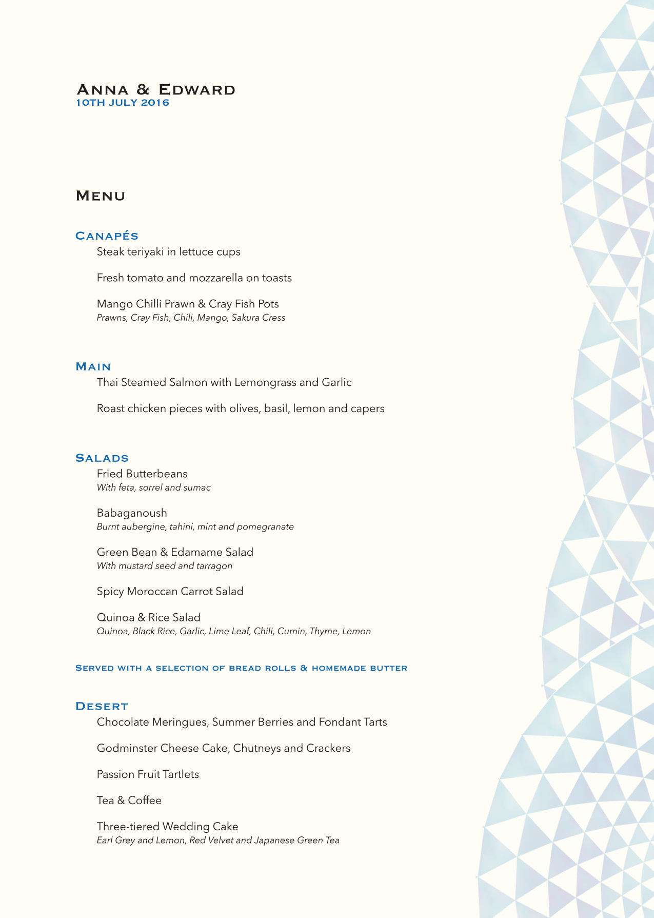 Anna & Ed's wedding breakfast menu