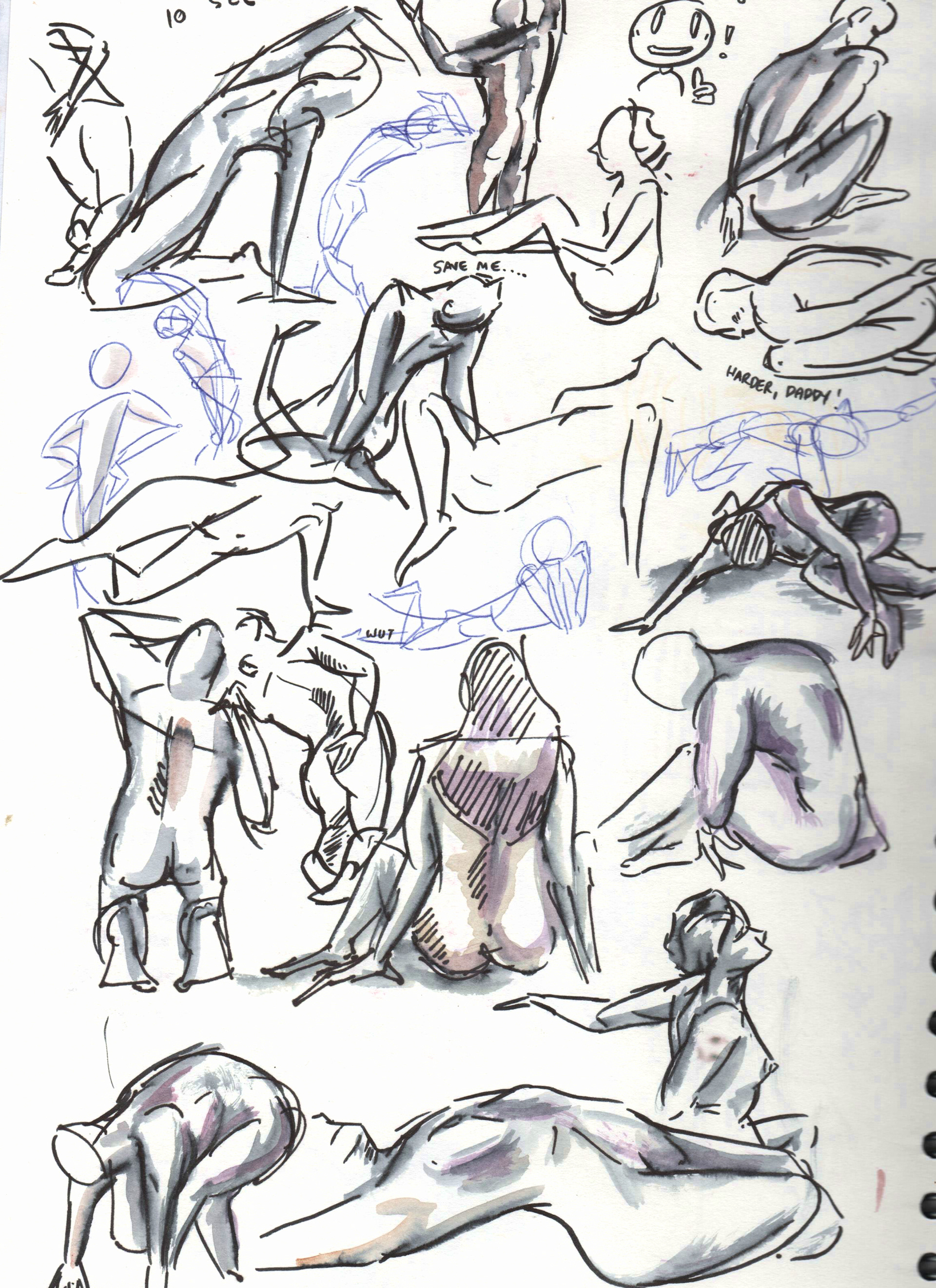 More studies, some dappled with watercolour to give more texture and suggestion of light. I feel it adds to the look of a body having mass.
