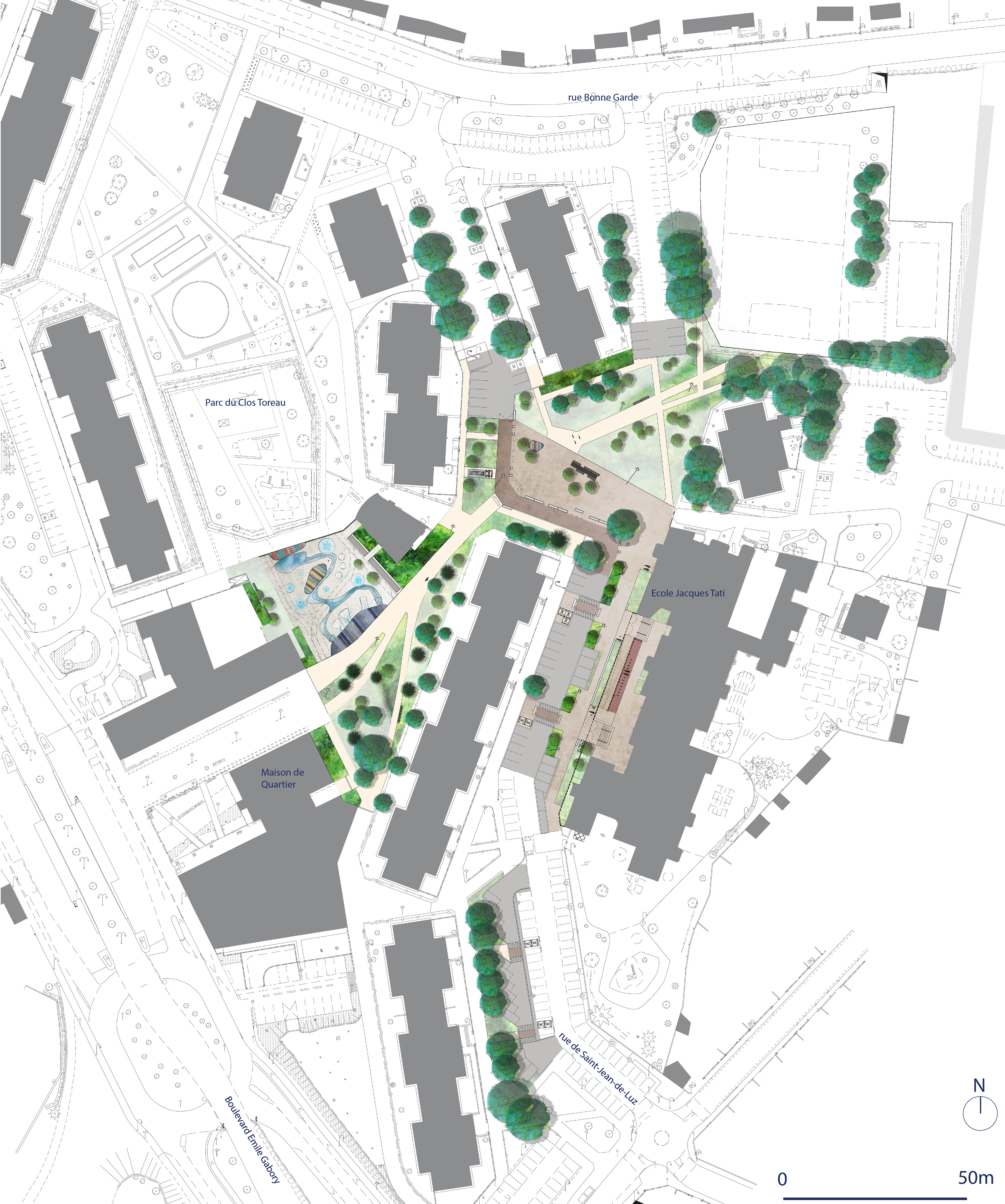 Moss paysage paysagiste concepteur urbaniste urbain projet architecture graphisme design espace designer designeur scénographie urbanism lansdscape architecture Pays de la Loire Loire Atlantique Nantes Clos Toreau jeux d’eau coeur d ilot îlot voirie aménagement concertation lieu de vie végétation chaleur quartier accès partage piéton cheminement graphisme
