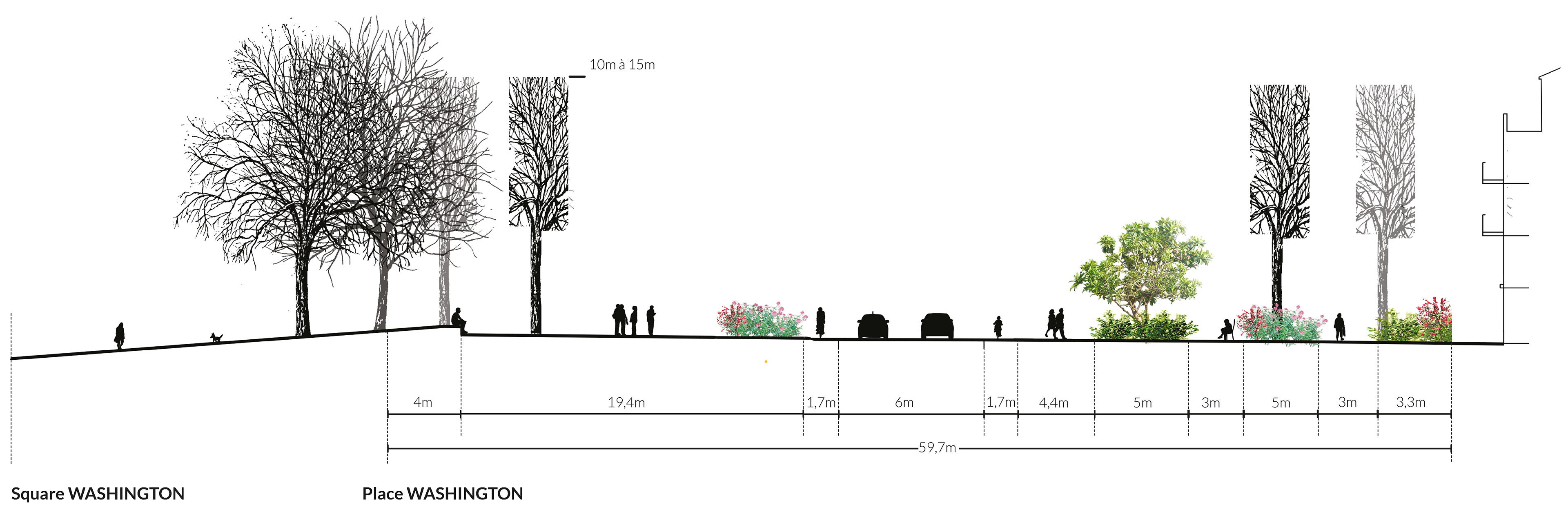 Moss paysage paysagiste concepteur urbaniste urbain projet architecture graphisme design espace designer designeur scénographie urbanism lansdscape architecture Nantes Pays de la Loire Washington place square voirie partage cyclable cycliste piéton voiture minérale végétal végétale minéral nocturne éclairage végétation arbre ombre géométrique histoire