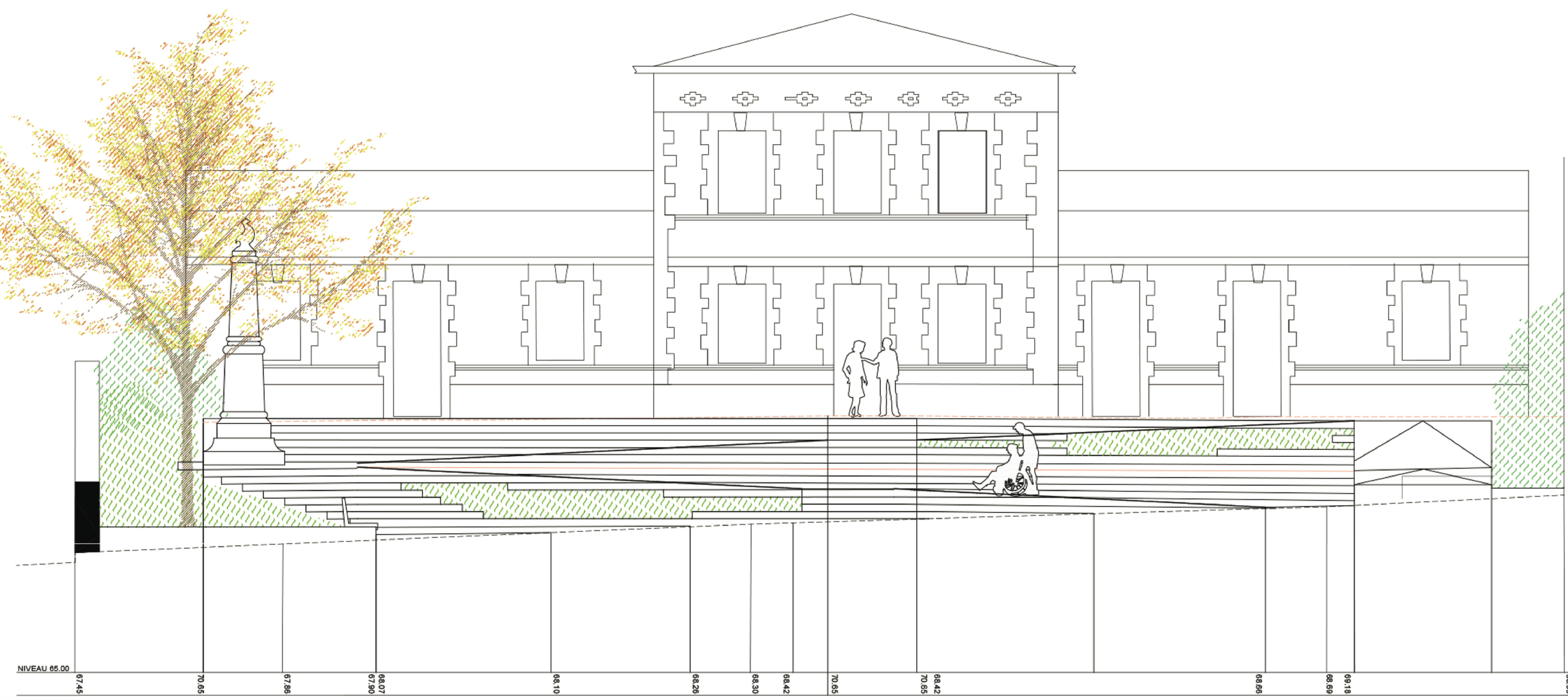 Moss paysage paysagiste concepteur urbaniste urbain projet architecture graphisme design espace designer designeur scénographie urbanism lansdscape architecture Augé deux sèvres école scolaire public parvis végétation accès bourg coeur enfant vie piéton végétation mise en valeur patrimoine géométrie rampe