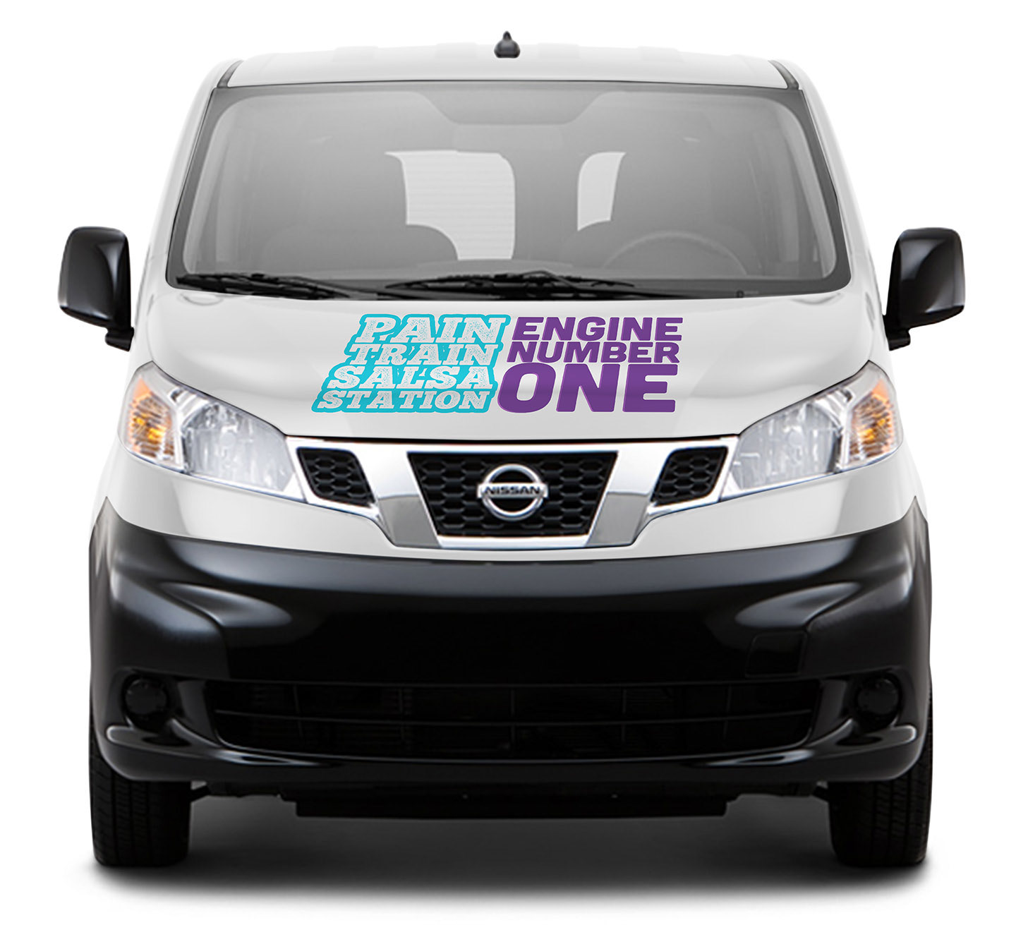 Vehicle Wrap Front view Showing Graphic Decal on Hood.