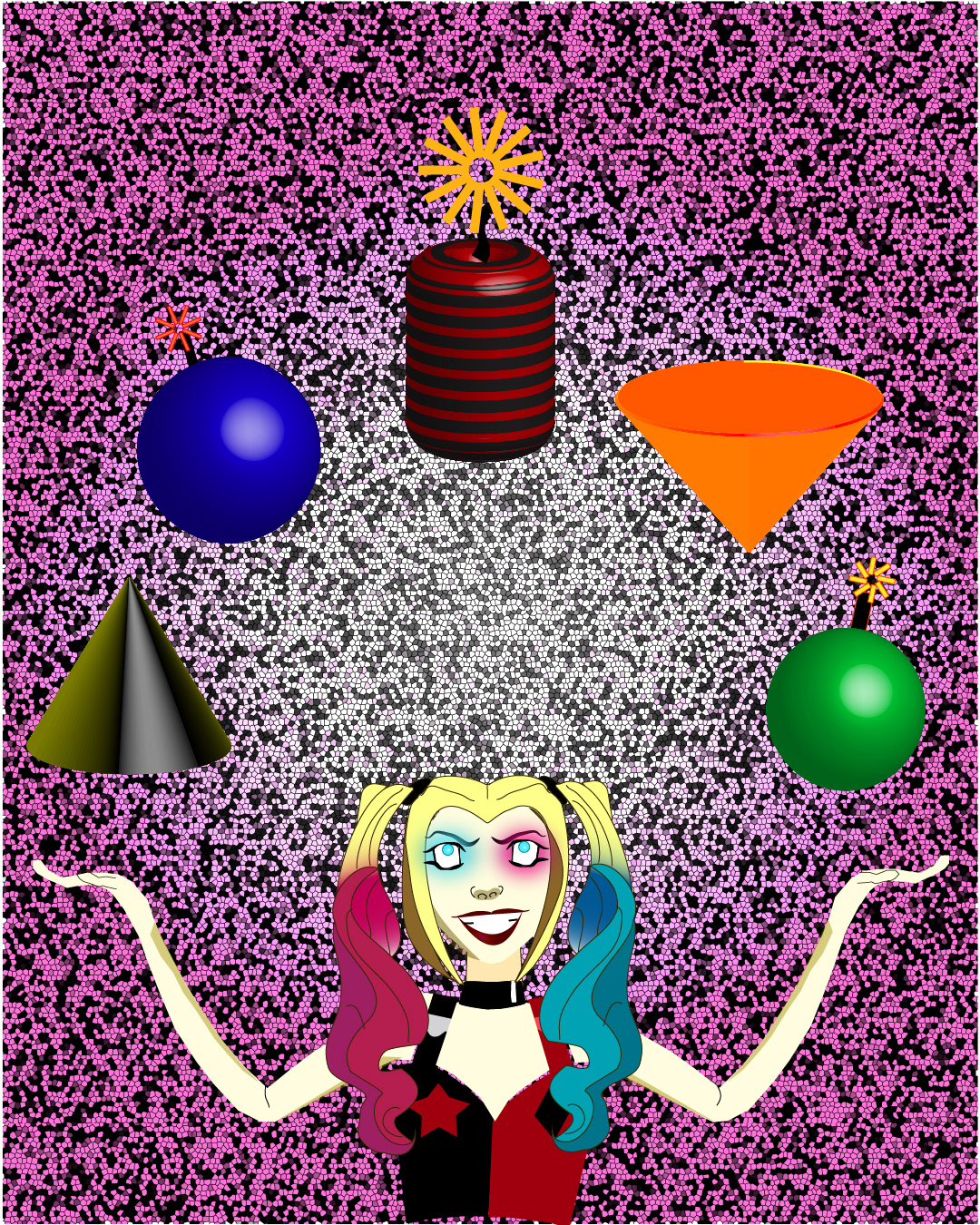 Handmade replicate of Harley Quinn juggling 3D shapes