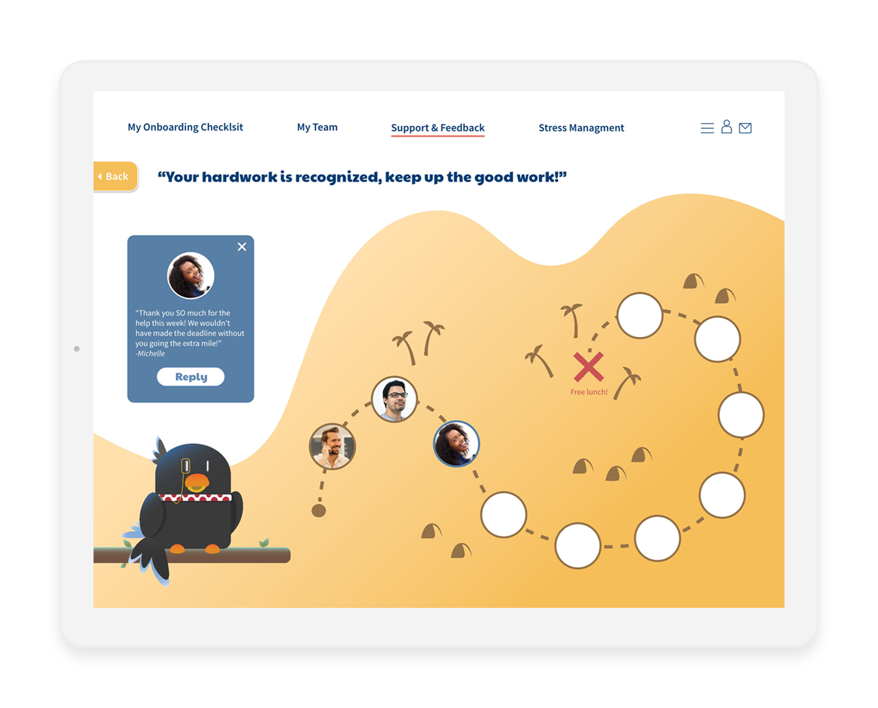 A gamified reward system encourages good performance and a positive work culture.