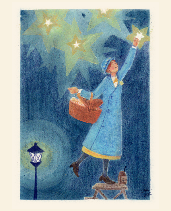 Mary Poppins took the sparkling gingerbread stars from her basket and glued them to the sky, where they twinkled furiously sending out rays of golden light.