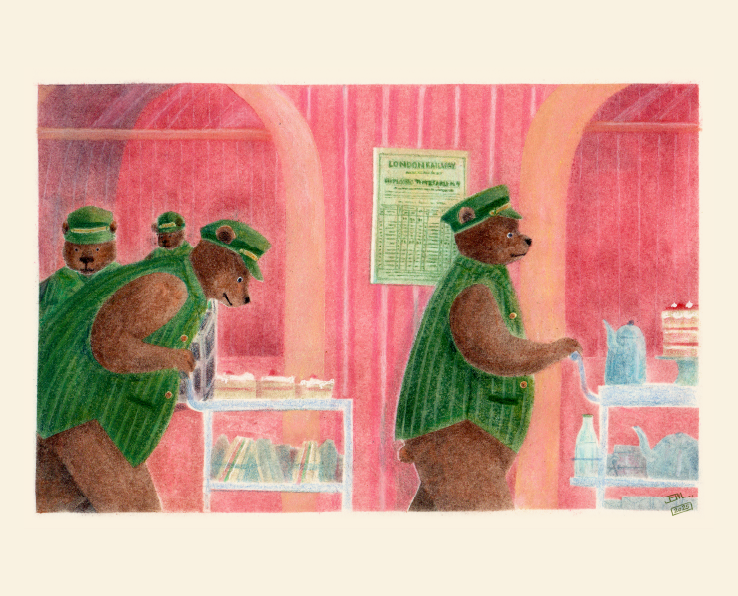 Four Brown Bears, each wearing a peaked cap and coats with brass buttons, were trundling trolleys of food.