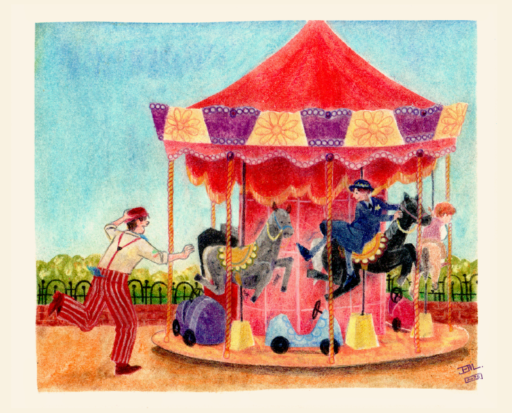 The merry-go-round was just slowing down and as they approached, they lept upon it, Mary Poppins on a black horse and Bert, the Match Man, on a grey horse.