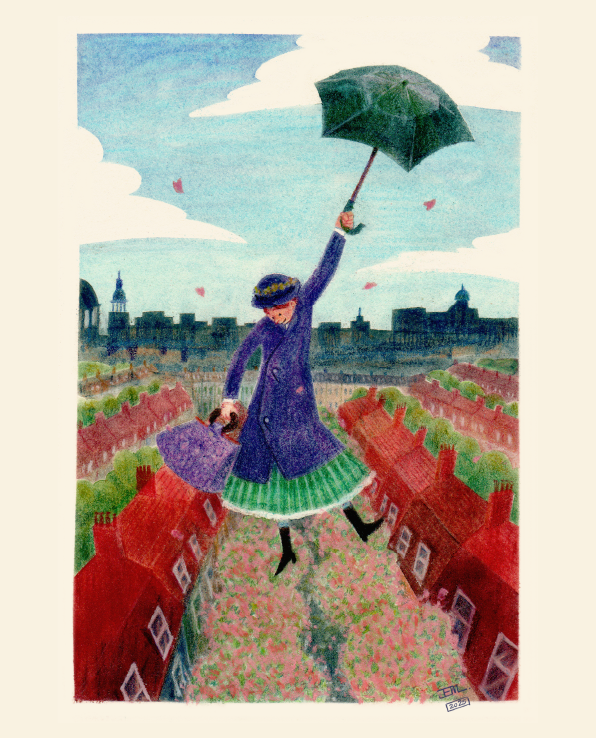 Mary Poppins was in the air now, floating away over the cherry trees and the roofs of the houses, holding tightly to the umbrella with one hand and the carpet bag with the other.