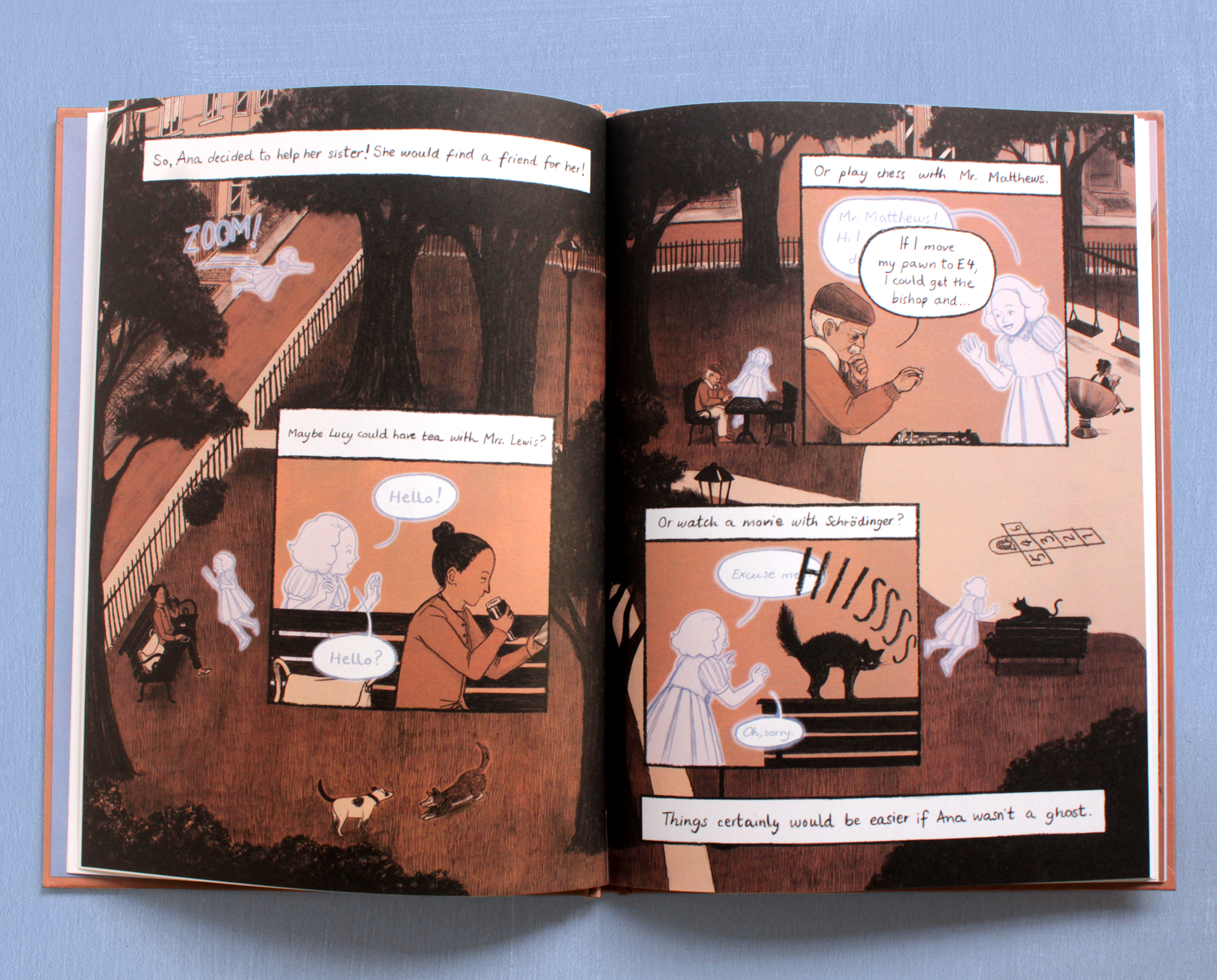 Inside pages: Ana looks for a friend in the park.