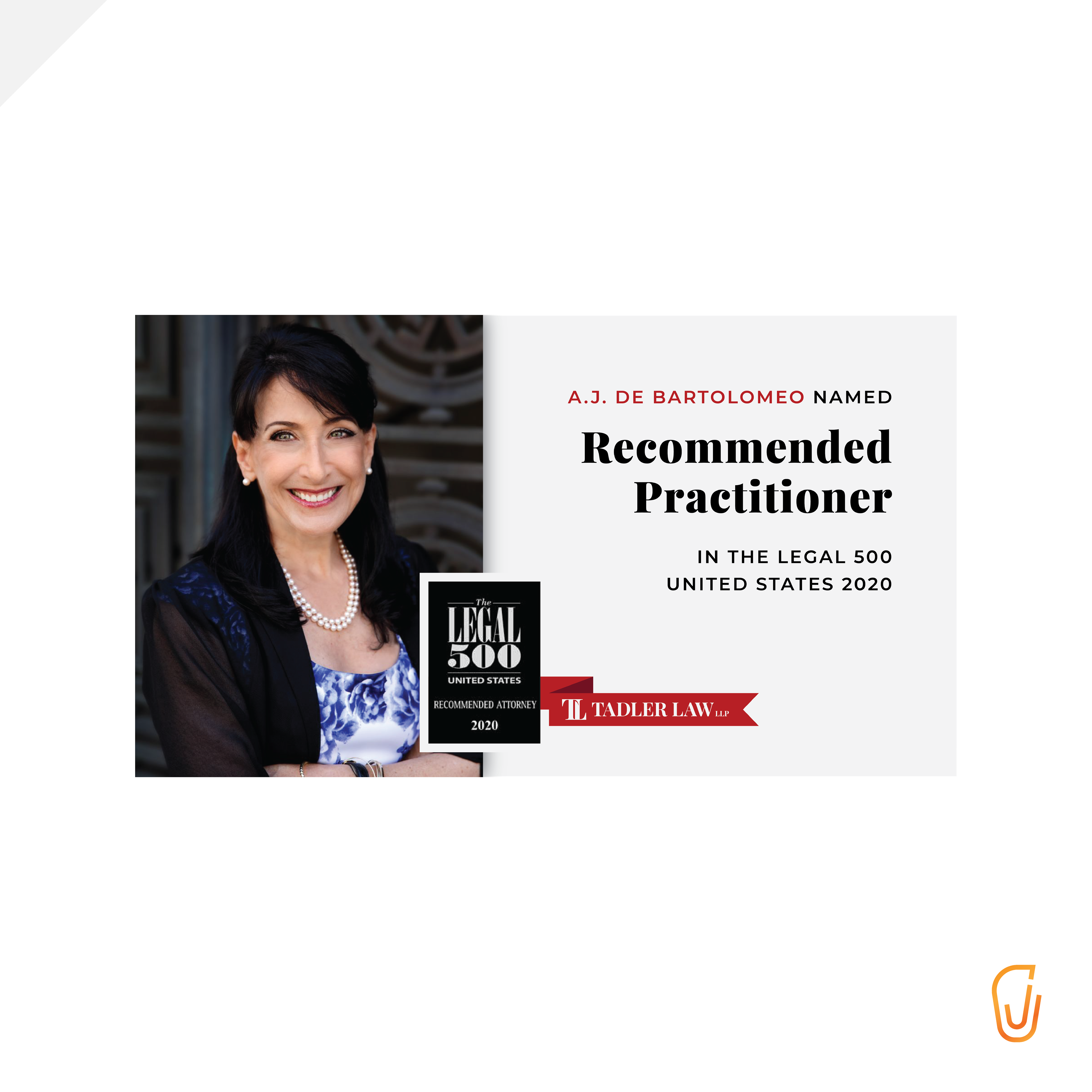 Tadler Law Social Media Graphic - A.J. de Bartolomeo as Recommended Practitioner in the Legal 500 (2020)
