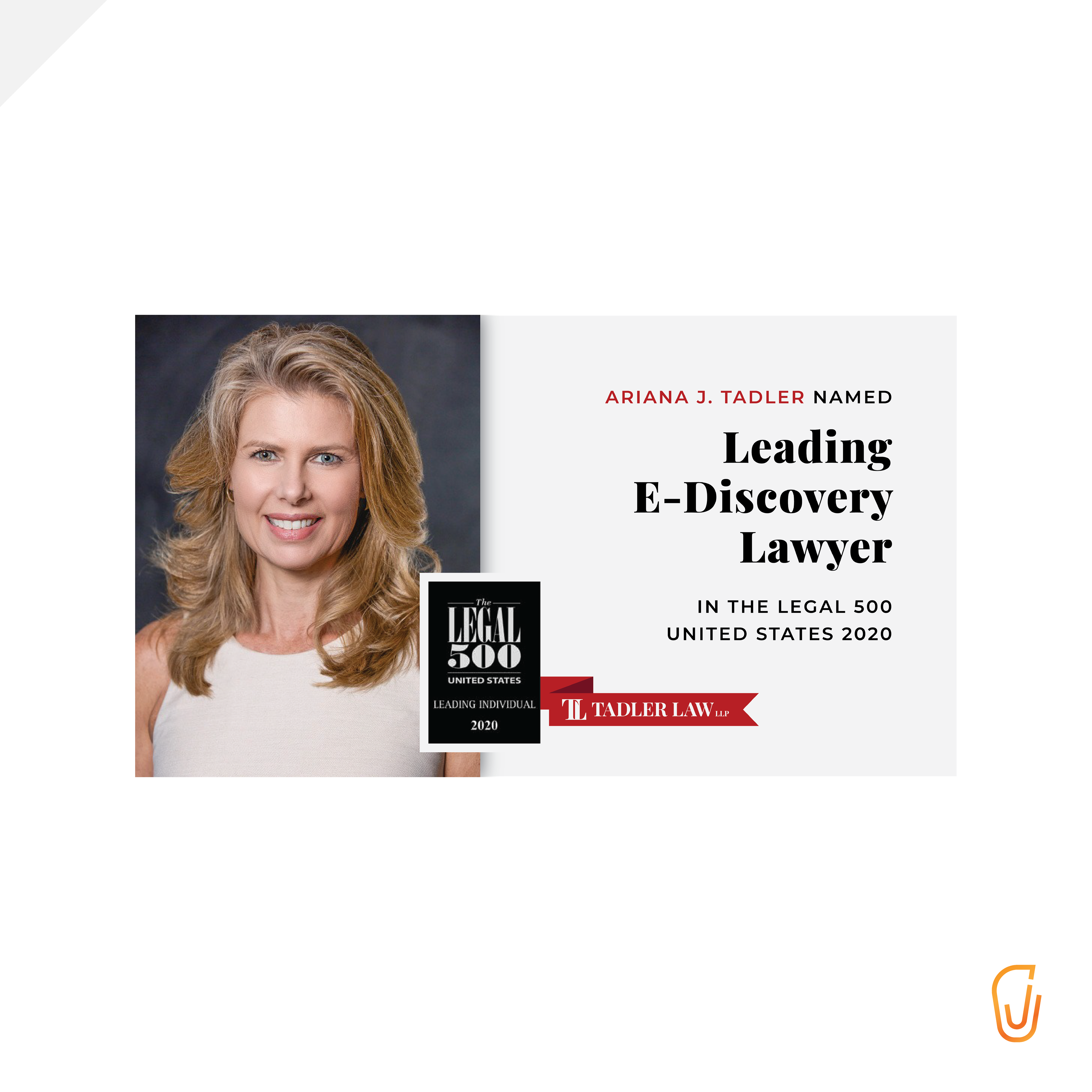 Tadler Law Social Media Graphic - Ariana Tadler as Leading E-Discover Lawyer in the Legal 500 (2020)