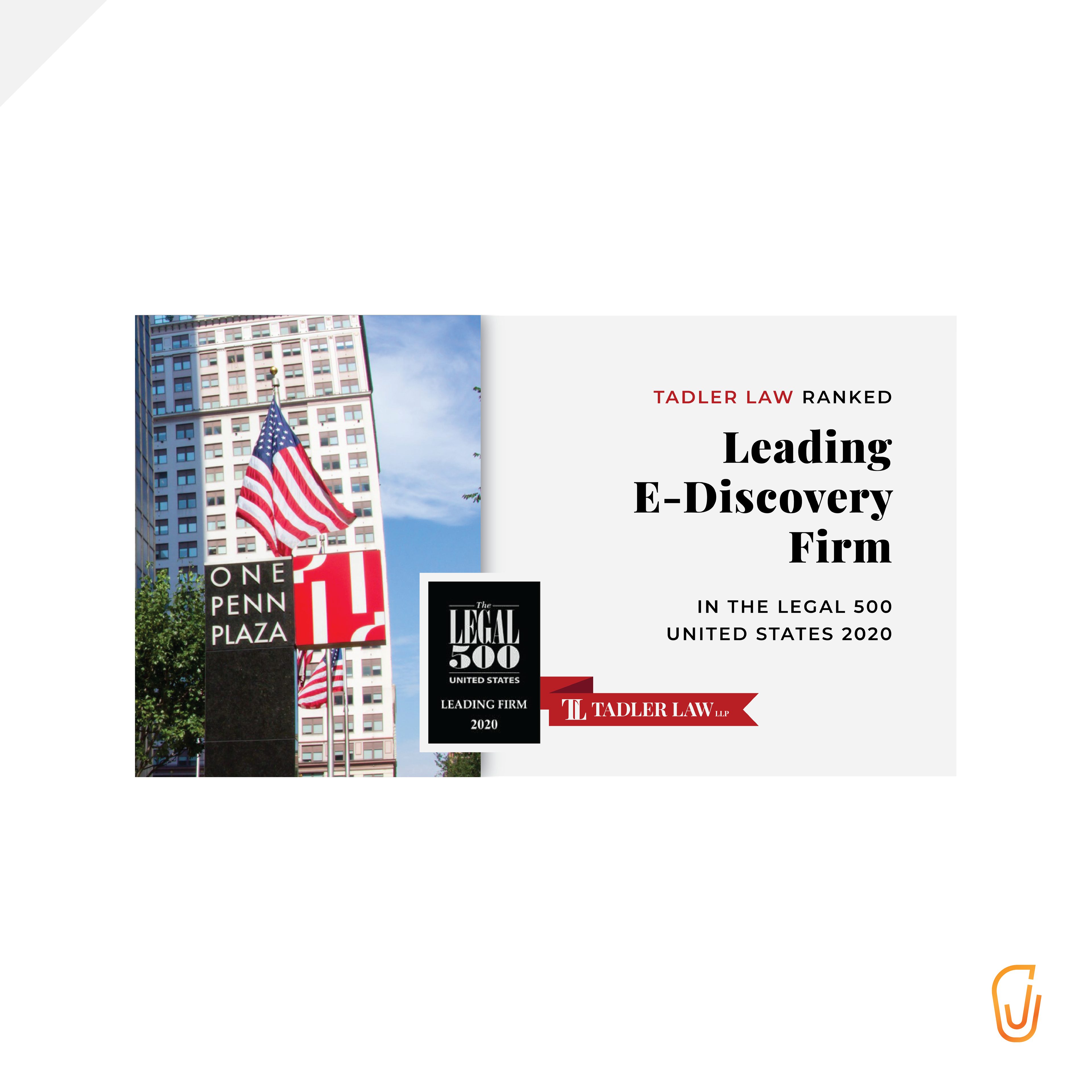 Tadler Law Social Media Graphic - Tadler Law as Leading E-Discovery Firm in the Legal 500 (2020)