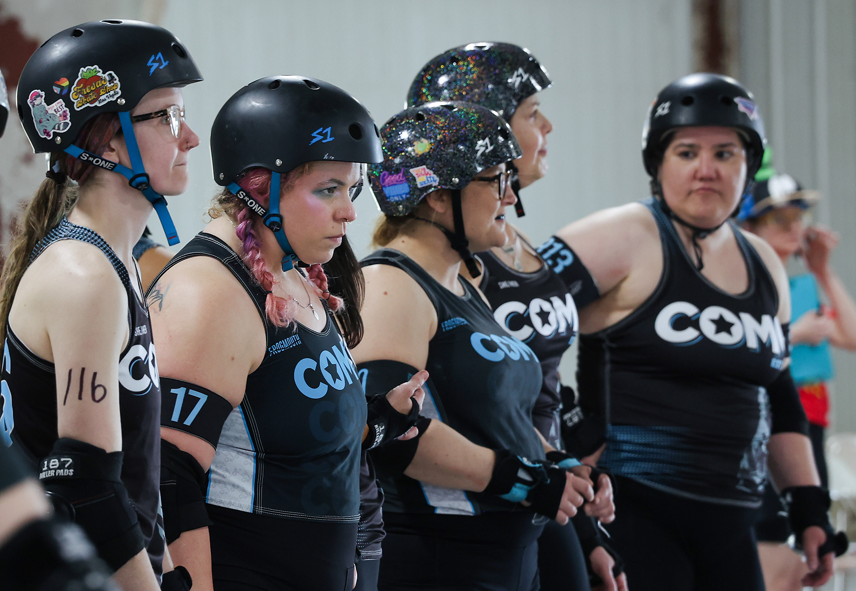 The CoMo All Stars line up ahead of their bout against Roughneck Tulsa Elite on  April 11 at the Bob Lemone Building in Hallsville. CoMo Roller Derby is made up of two teams: the CoMo All Stars and the CoMo B Rolls. 