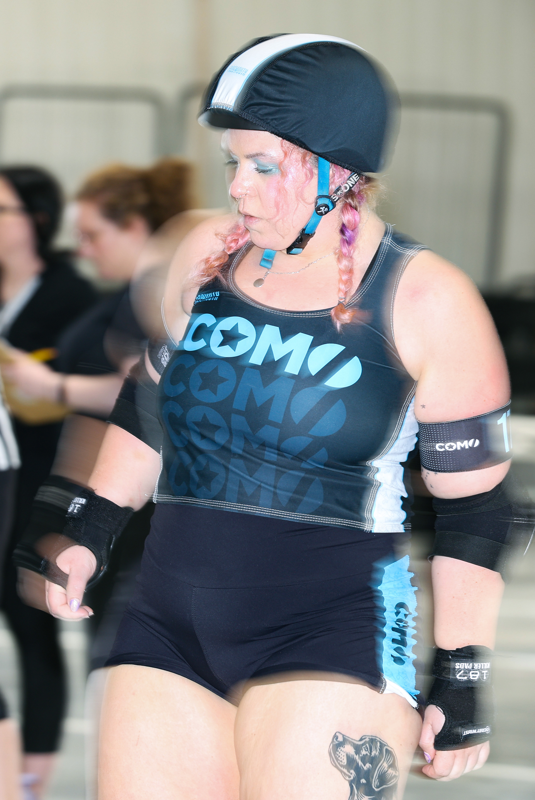 Kelsey Mescher skids to a stop during the CoMo All Stars bout against Roughneck Tulsa Elite on April 11 at the Bob Lemone Building in Hallsville. Once serving as the coach of the team, Mescher is now a co-captain of the CoMo All Stars.