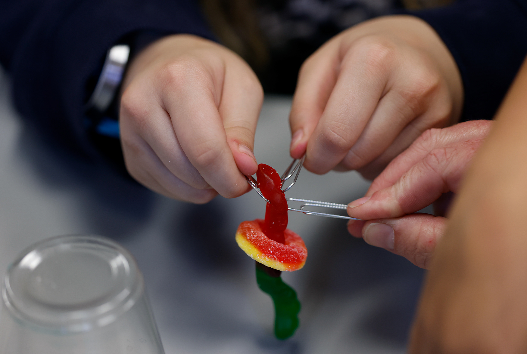 From left, Addyson Knight, Jefferson Middle School sixth grader and Benton alum, participates in the “Save Fred” activity with family friend Chelsea Kinner at a STEAM night event on May 7 at Benton STEM Elementary School in Columbia. “I wanted to come back (for this event) because this place was like home,” Addyson said.