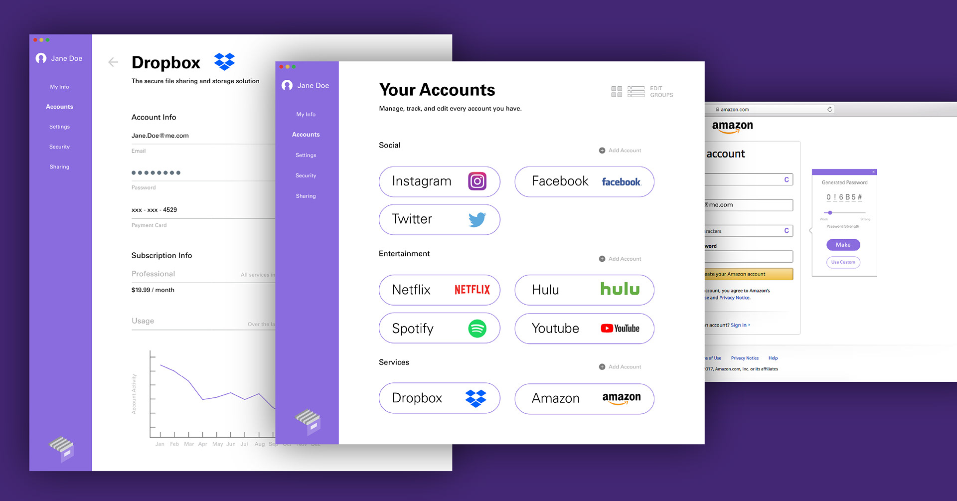 A view of the Cabinet App's Account info, Account list, and Creation Pages.