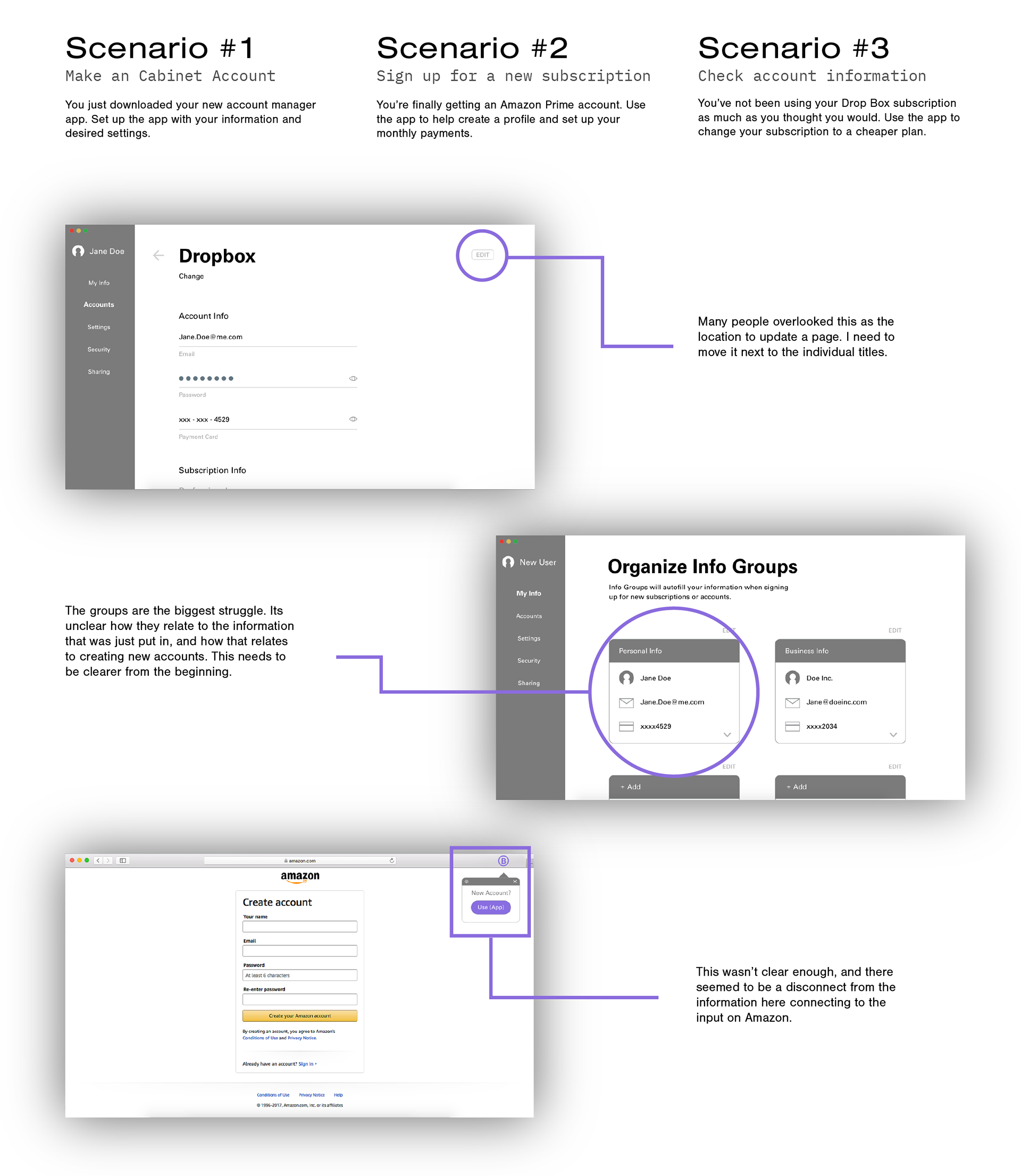 Scenario's from the last round of testing of Cabinet, showing wireframes.