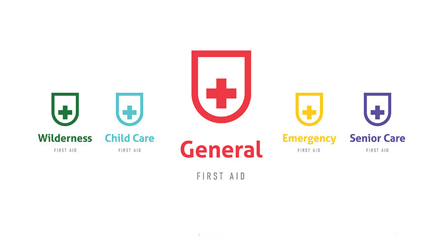 Aid Academy Course logos. Wilderness, Child Care, General, Emergency and Senior Care first aid.