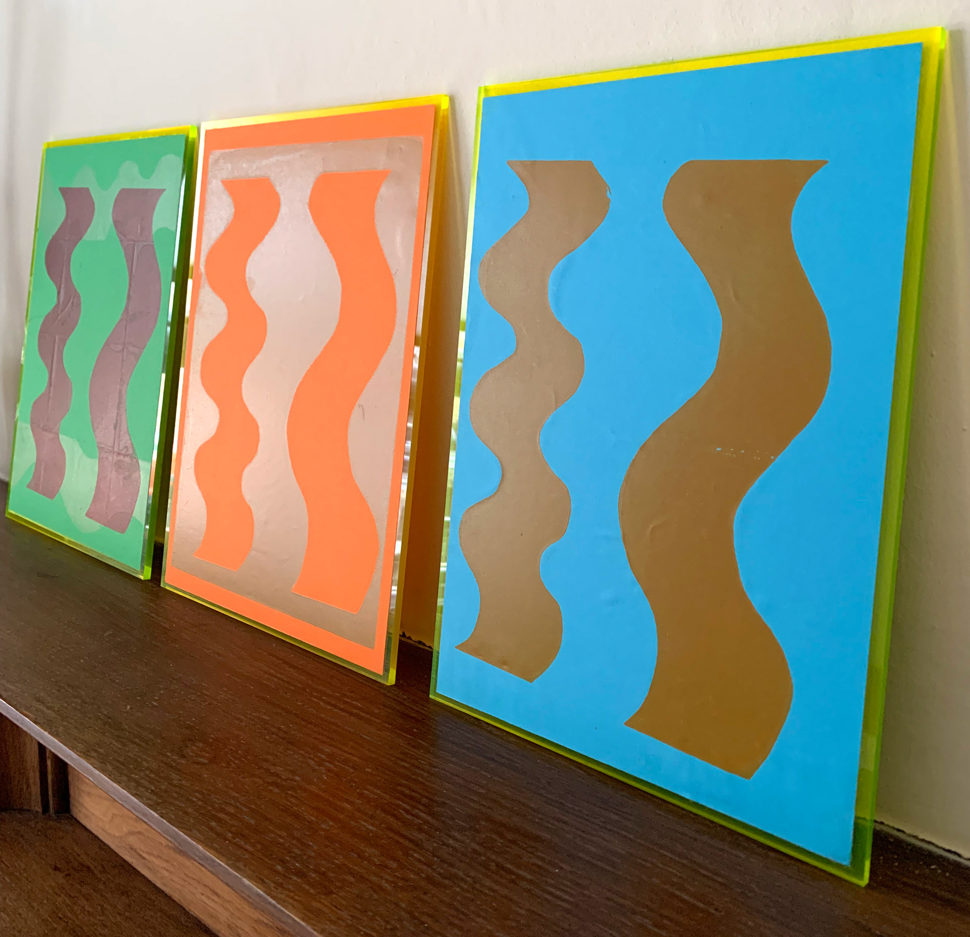 Three screenprints, each 21 x 29.7 cm, mounted onto 5mm fluorescent helios yellow perspex, 24.1 x 30.1 cm