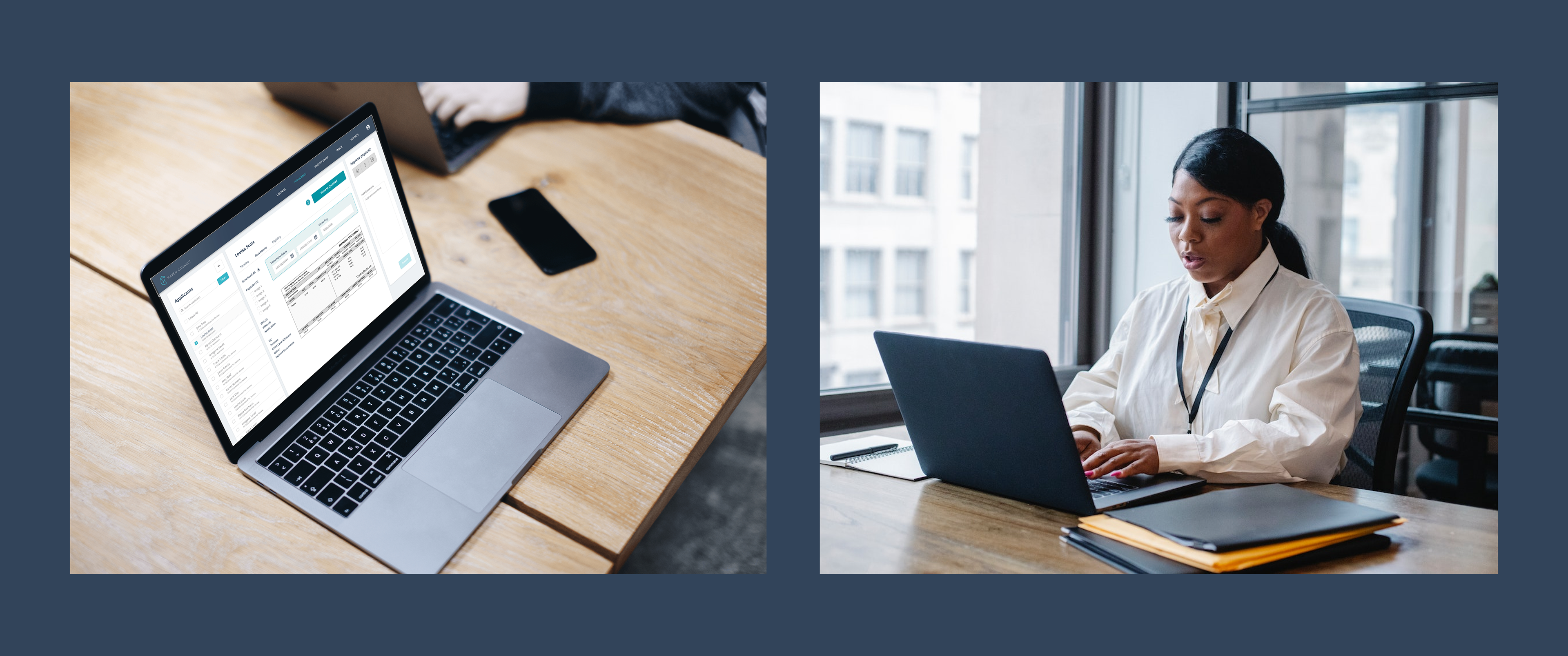 Graphic with two images, one is a laptop open with the Haven Connect dashboard. The other is an image of a woman using a laptop