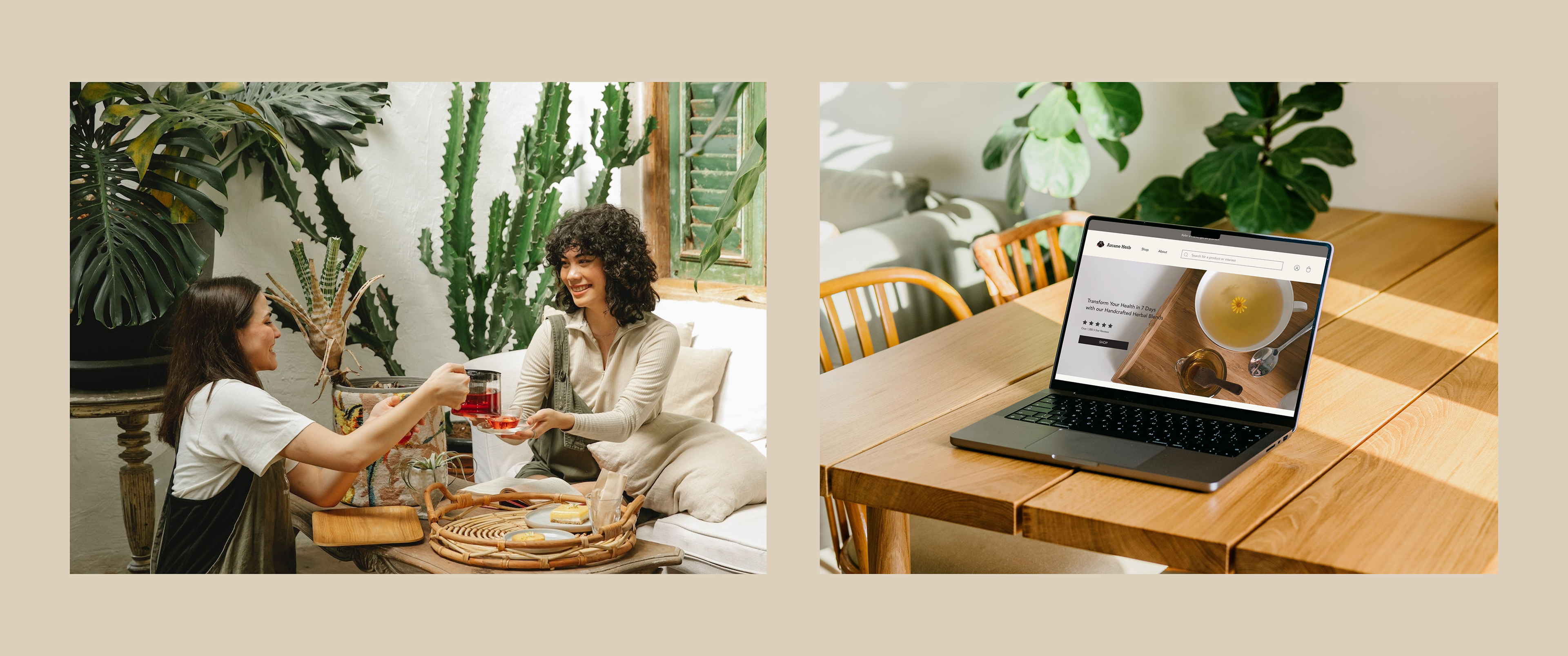 One image of two women drinking tea together and another image of an open laptop showing the home page of the website design for Arcane Herb.