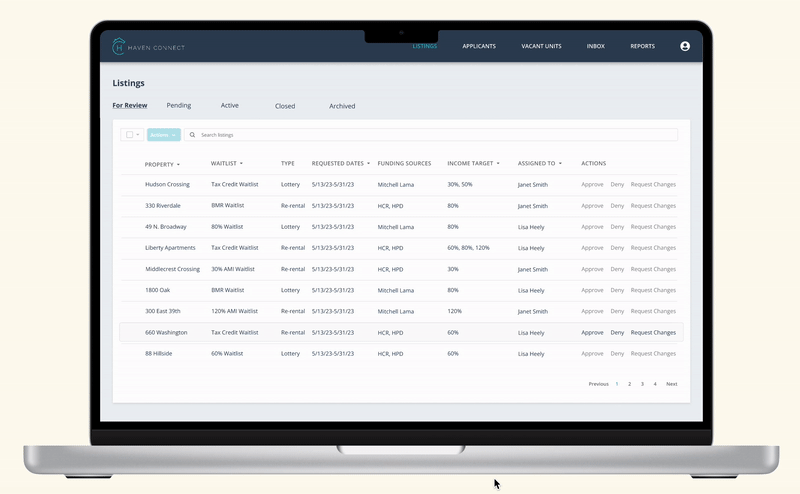 A moving gif showing bulk actions in the dashboard for Haven Connect