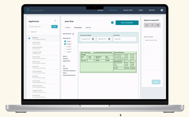 A moving gif showing the filter search function in the dashboard for Haven Connect