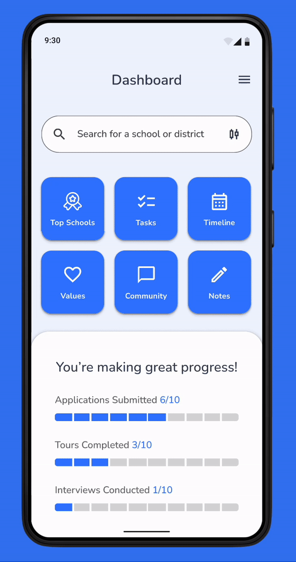 The 'Community' section gives users the ability to chat directly with school admins who can answer their specific and give them peace of mind.