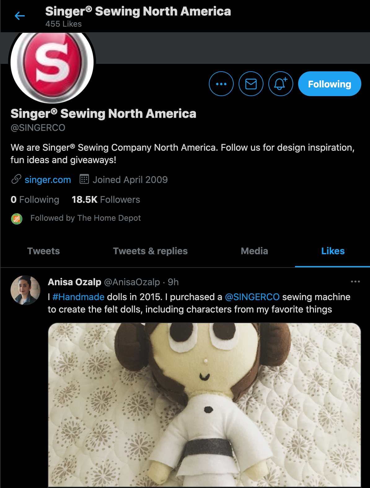 Singer the Sewing Machine company acknowledged my post with a Like of my handmade doll I made using their machine.
